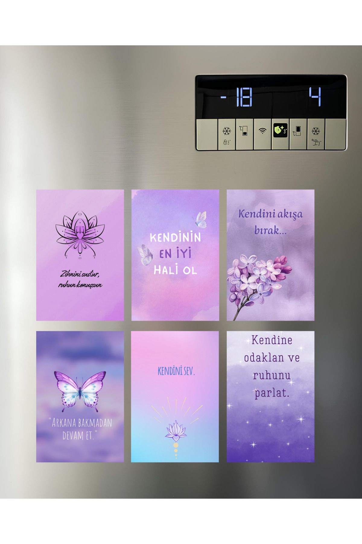 Renkia Studio Motivasyon Sözleri Magnet Seti 6’lı – Lila Arka Planlı Dekoratif Magnetler | Renkia Studio
