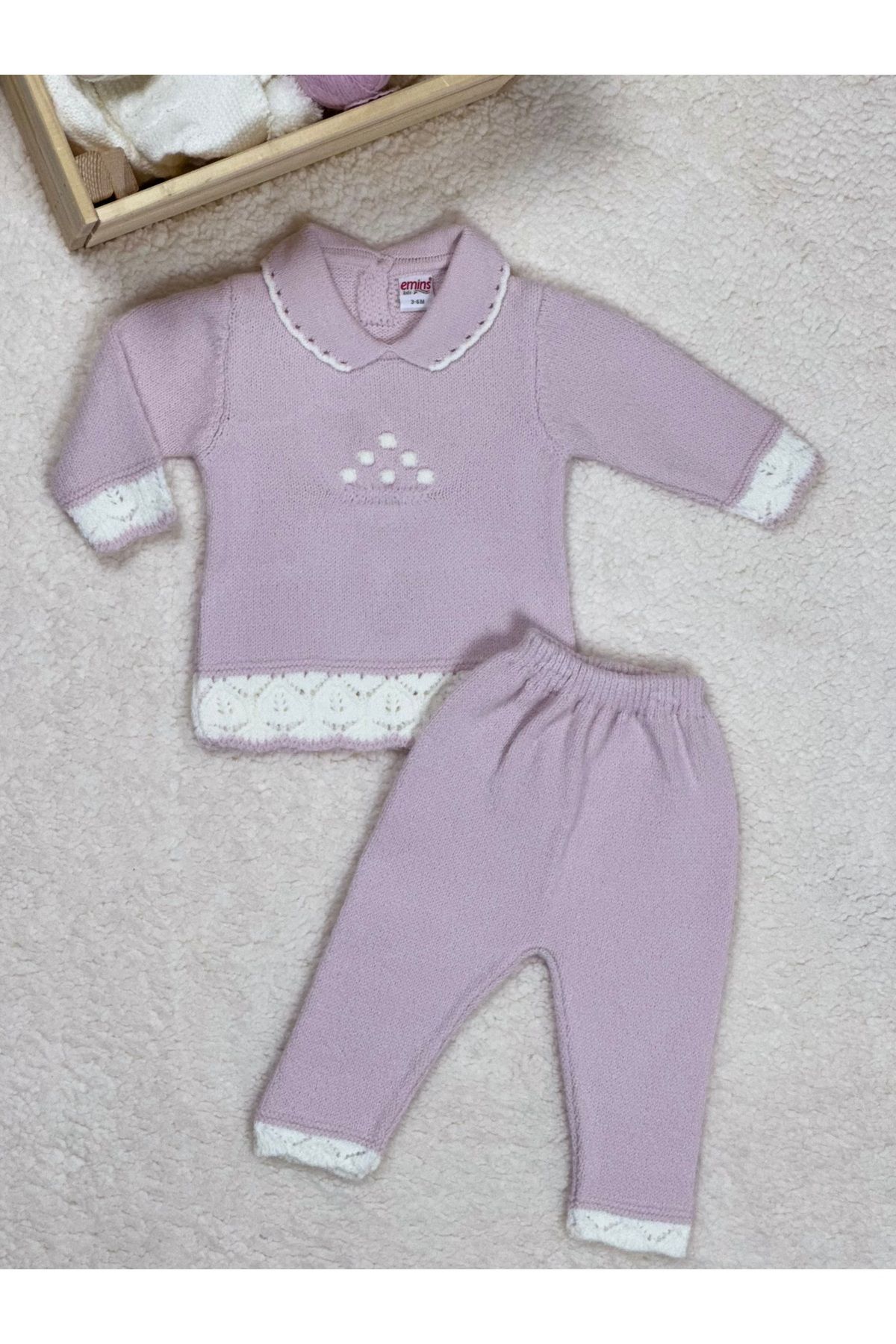E&S EMİN'S emins Kız Bebek Bebe Yakalı Örme Fındık Desenli Ajurlu Üst Beli Lastikli Alt Triko Alt-Üst Takım