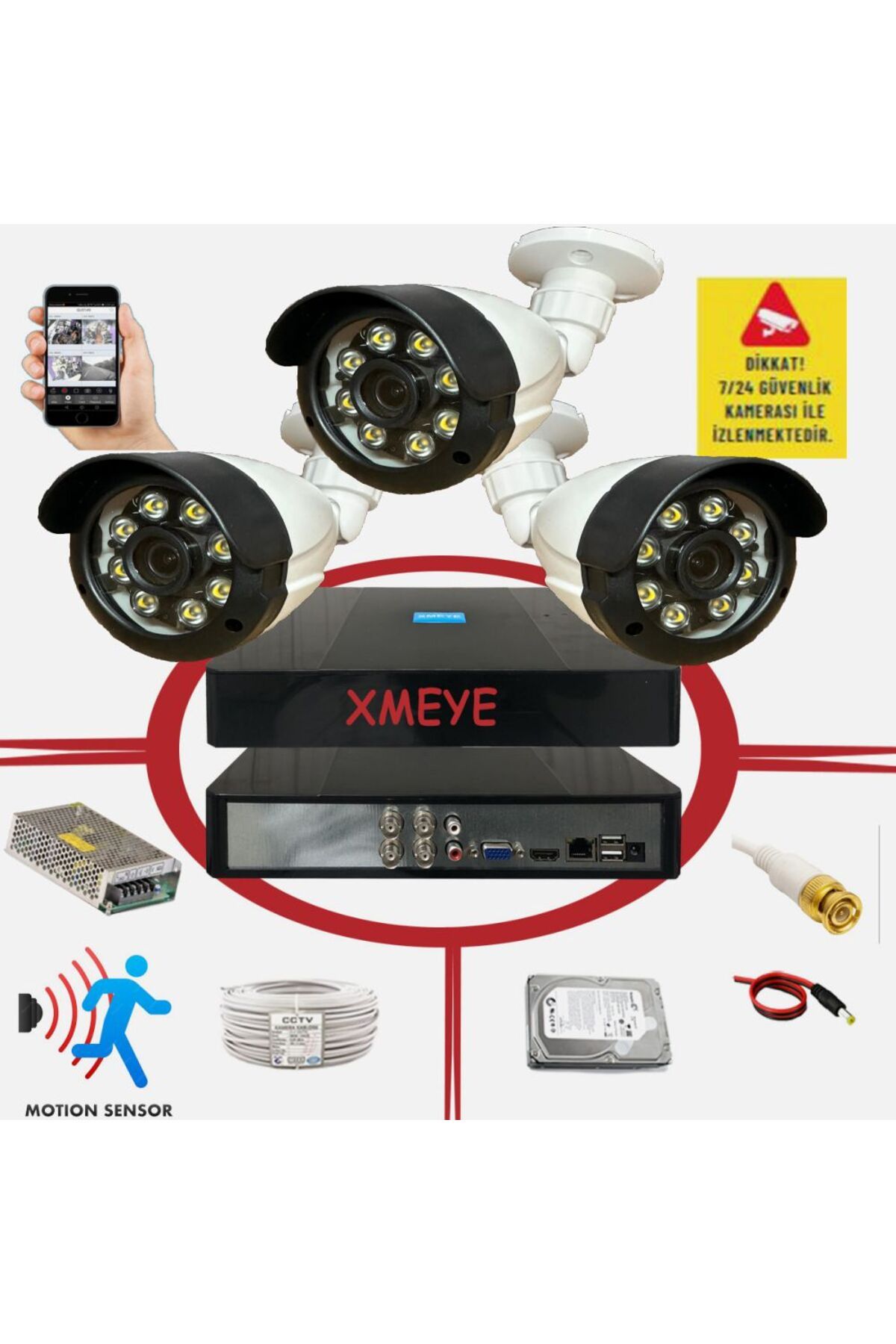 BİSES 3 lü Hareket Algılayan 5 MP Lens 8 Warm Led Gece Renkli Gösteren Güvenlik Kamerası Seti BS 2308W