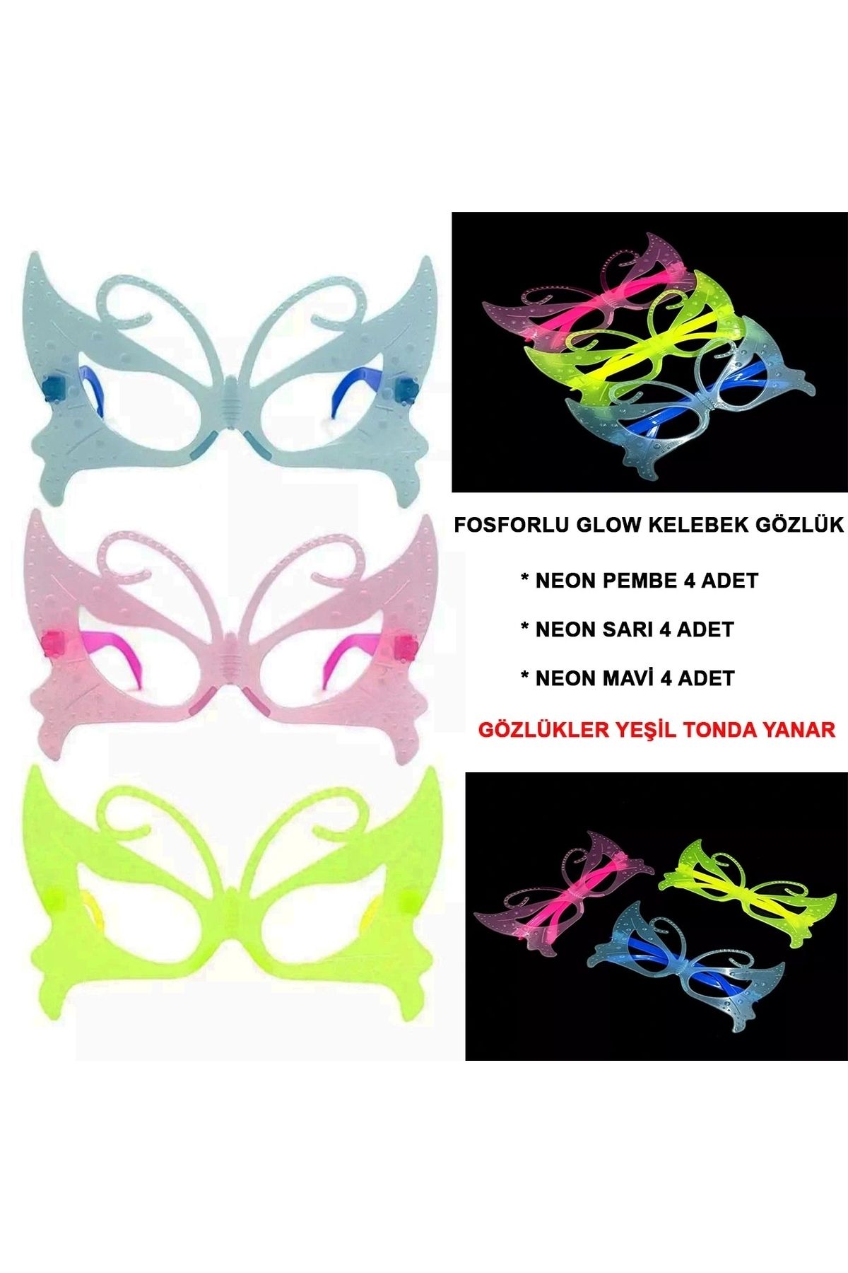 STOREMAX Fosforlu Kelebek Model Glow Parti Gözlüğü Karanlıkta Yanan Gözlükler 12 Adet (5047)