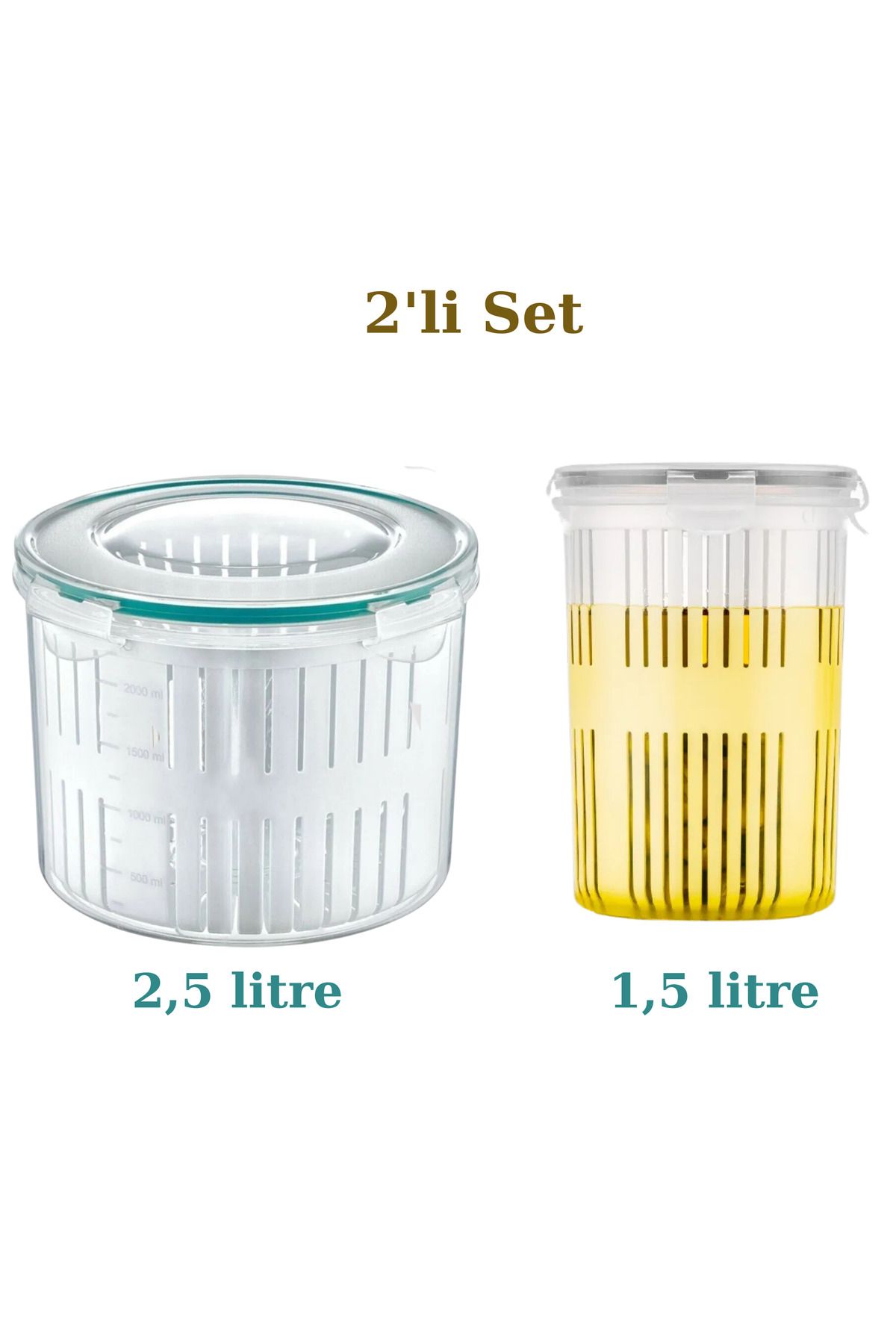 Righton 2'li Set Süzgeçli Zeytinlik - Zeytin Turşu Saklama Kabı 2,5 Litre ve 1,5 Litre