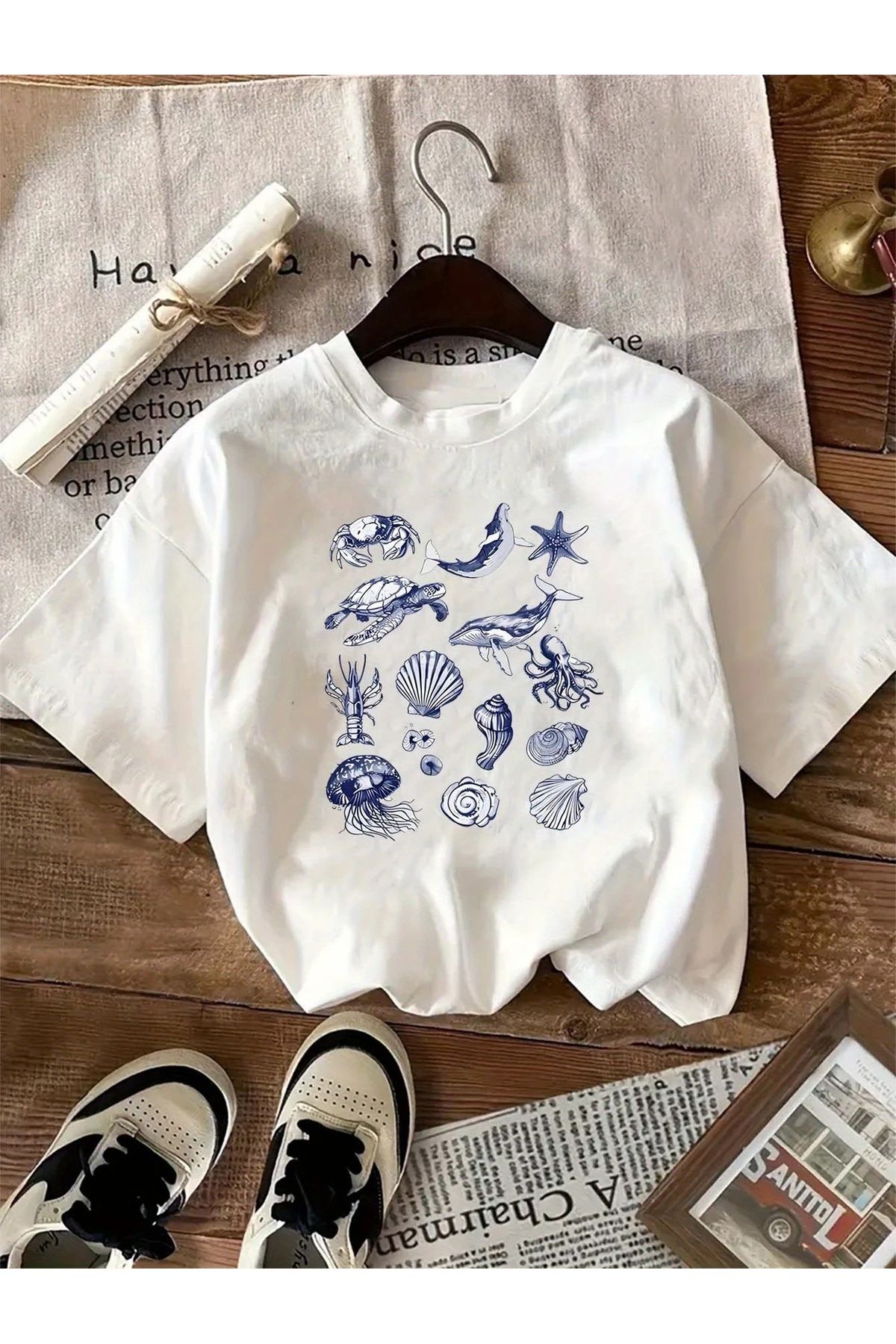 Ferhatlı Yazlık Kadın Deniz Baskılı Oversize Tişört