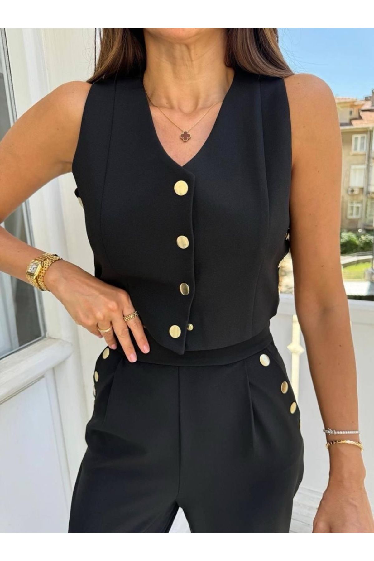 Ekim Store Gold Düğmeli Bluz Pantolon İkili Takım