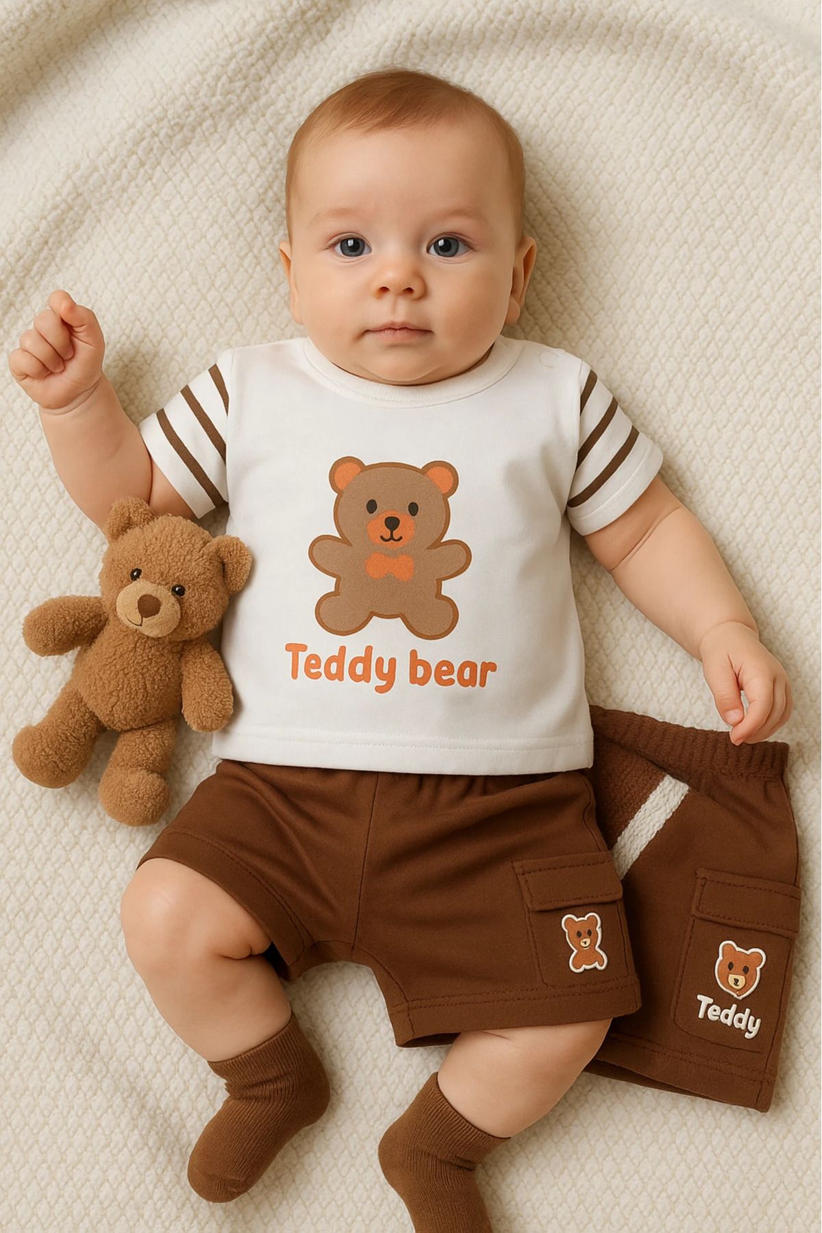 HAVUÇ BEBEK Yazlık Teddy Bear Ayıcık Baskılı 2’li Bebek Takım
