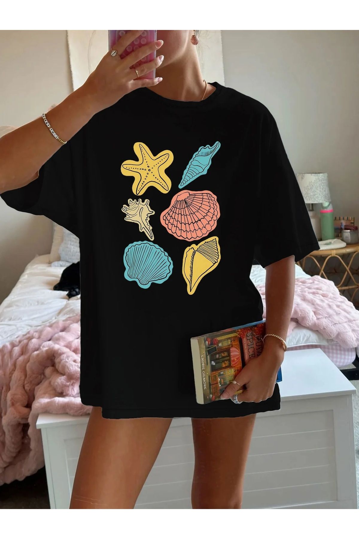 Ferhatlı Yazlık Kadın Deniz Baskılı Oversize Tişört
