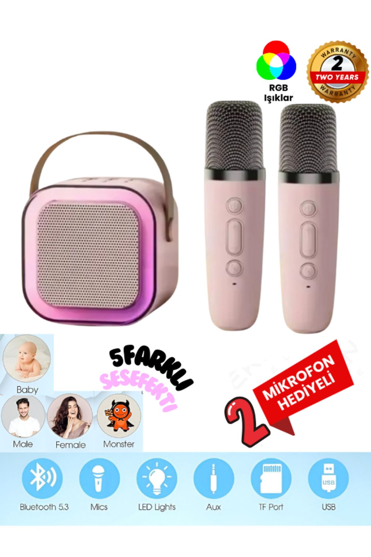 Teknoloji Gelsin Çift Karaoke Mikrofonlu Kablosuz Bluetooth Hoparlör 5 Ses Efektli Rgb Hd Stereo Ses Usb/Sd/FM