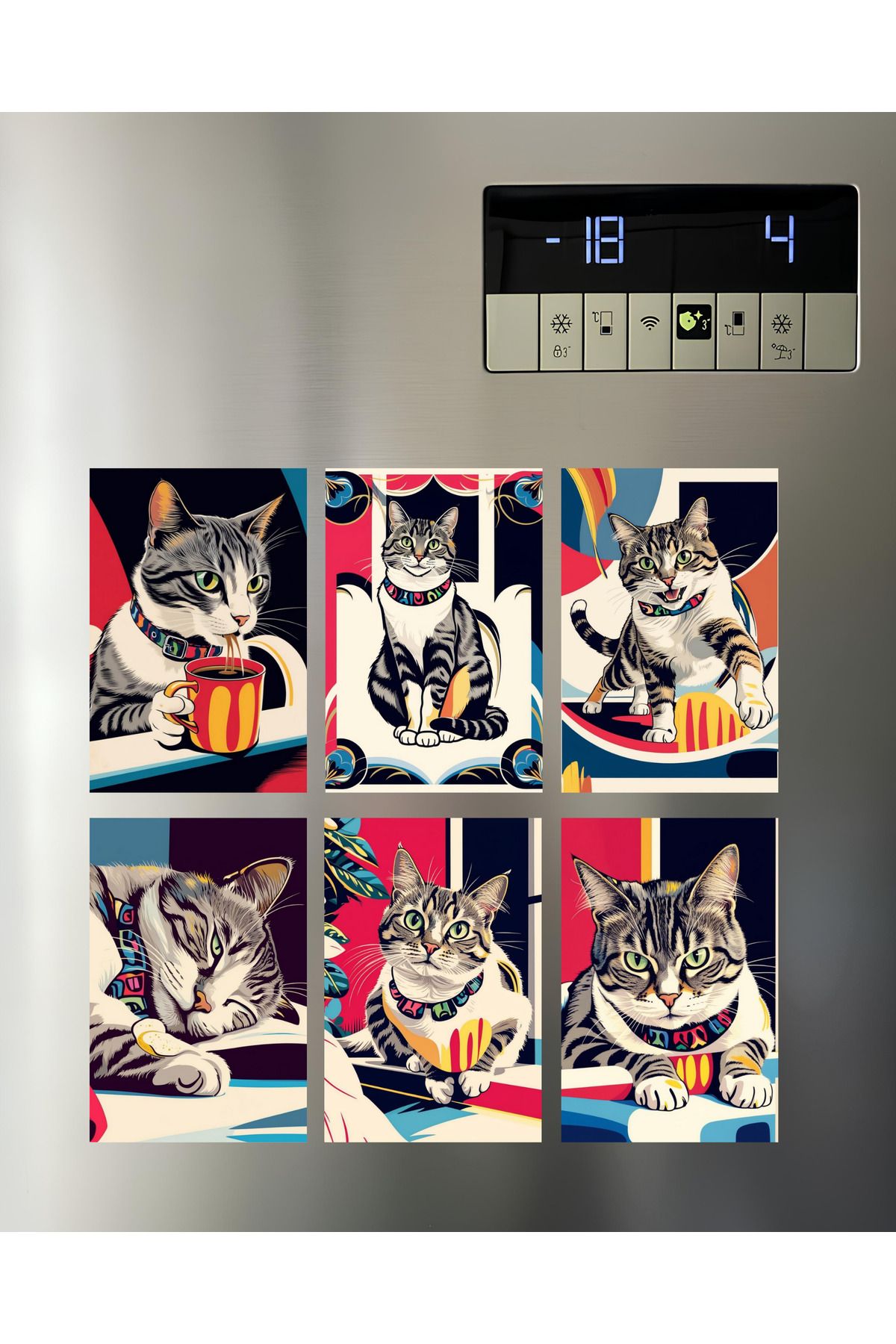 Renkia Studio Pop Art Kedi Temalı Magnet Seti 6’lı – Renkli ve Eğlenceli Buzdolabı Süsü | Renkia Studio