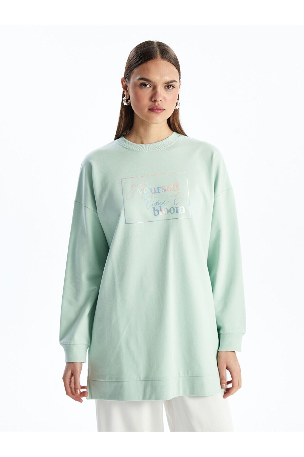 LC Waikiki Bisiklet Yaka Baskılı Kadın Sweatshirt Tunik