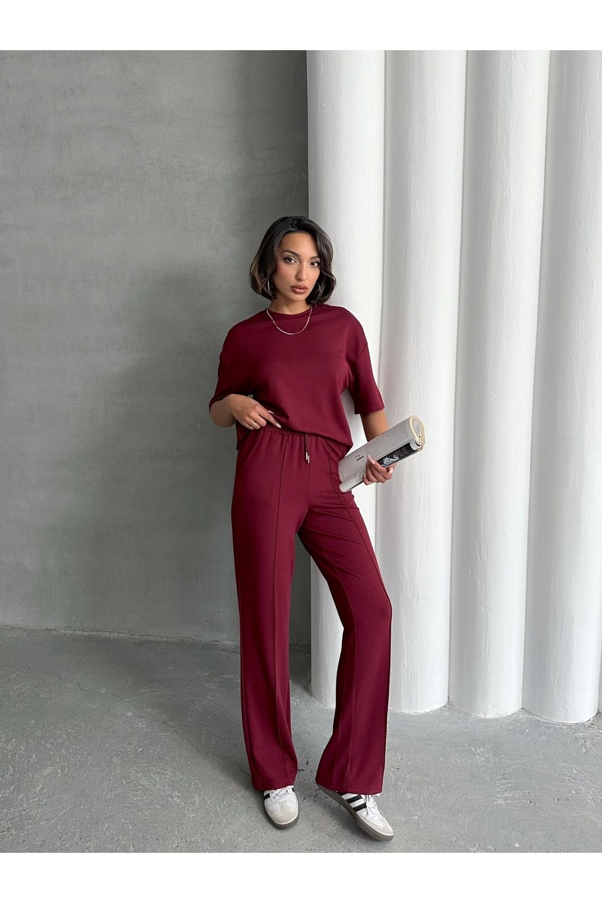 Lusin Kadın Bordo Yumuşak Modal Kumaş Kısa Kol Pantolon Bluz Alt Üst İkili Takım