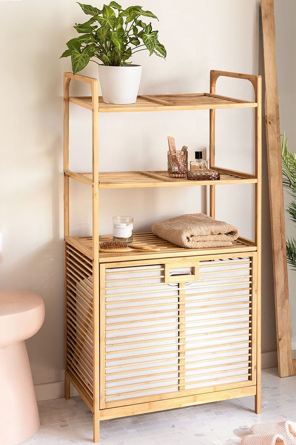 Bambu Xl Kirli Sepetli 3 Raflı Çok Amaçlı Banyo Düzenleyici Çamaşır Sepeti Organizer Db-11