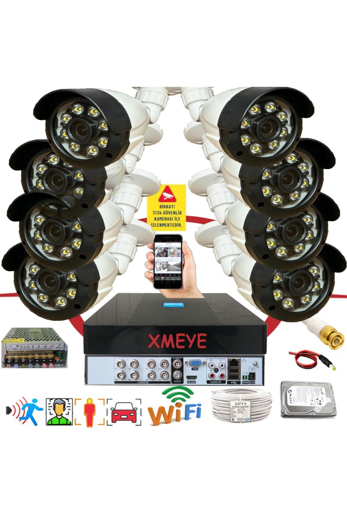 BİSES 8 li Araç İnsan Yüz Tanımalı Hareket Algılayan 5 MP Lens 8 Warm Led Gece Renkli Kamera Seti 2308W