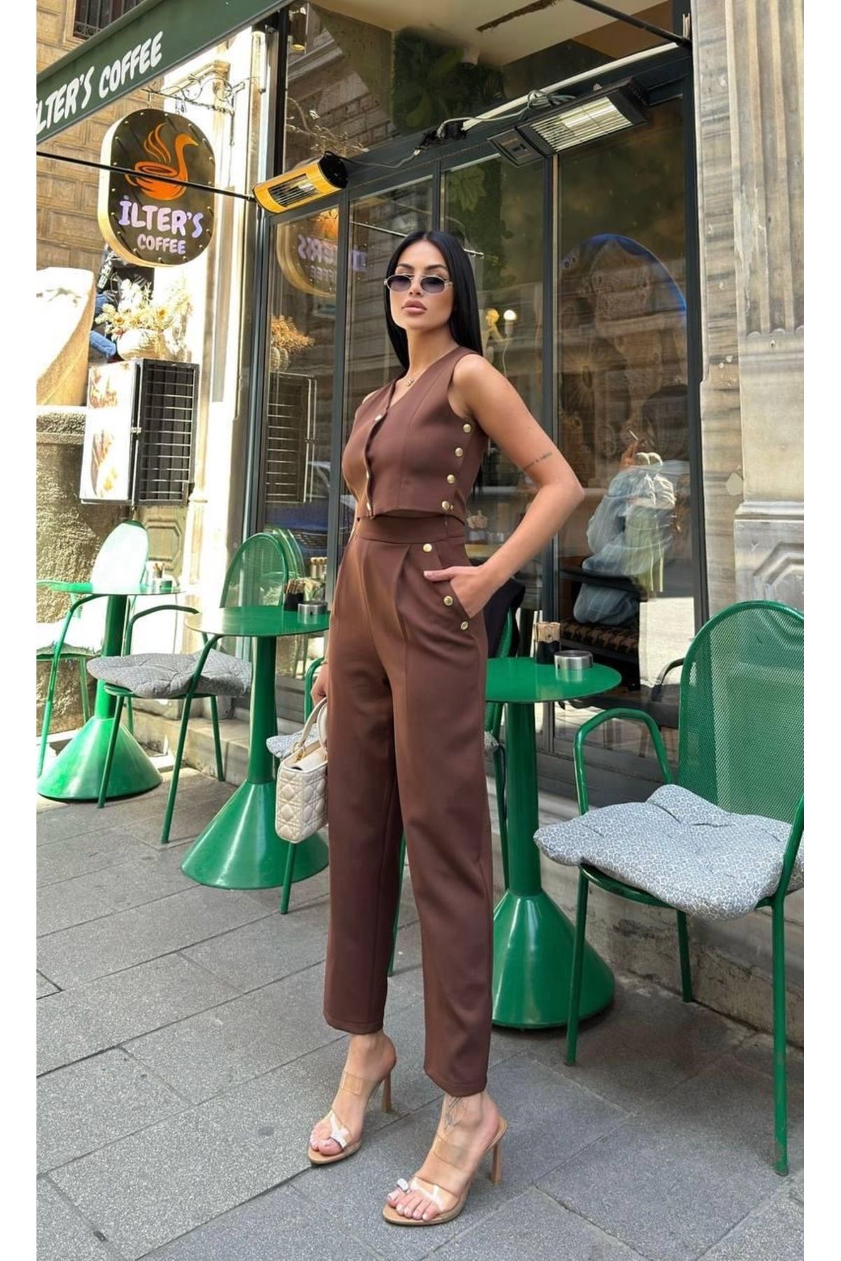 Ekim Store Gold Düğmeli Bluz Pantolon İkili Takım