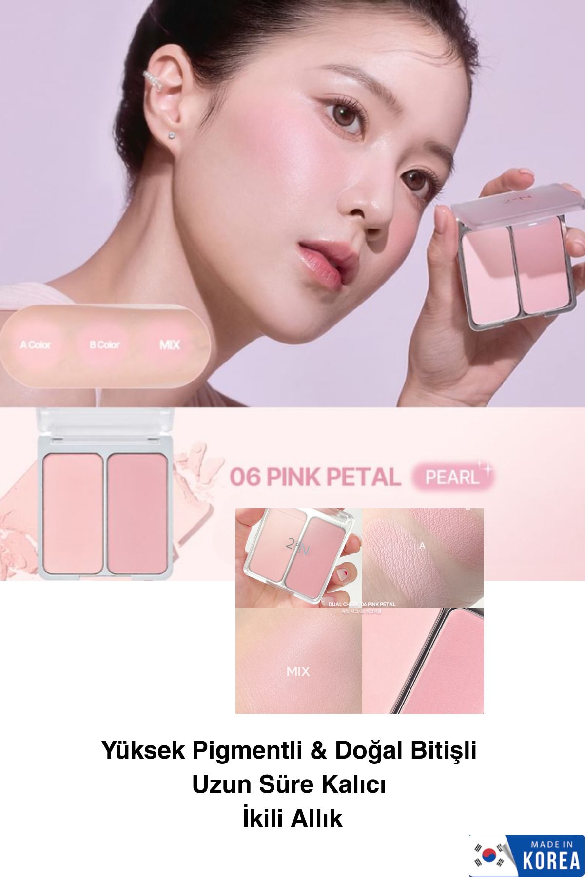 2aN Yüksek Pigmentli & Doğal Bitişli Uzun Süre Kalıcı İkili Toz Allık 06 Pink Petal