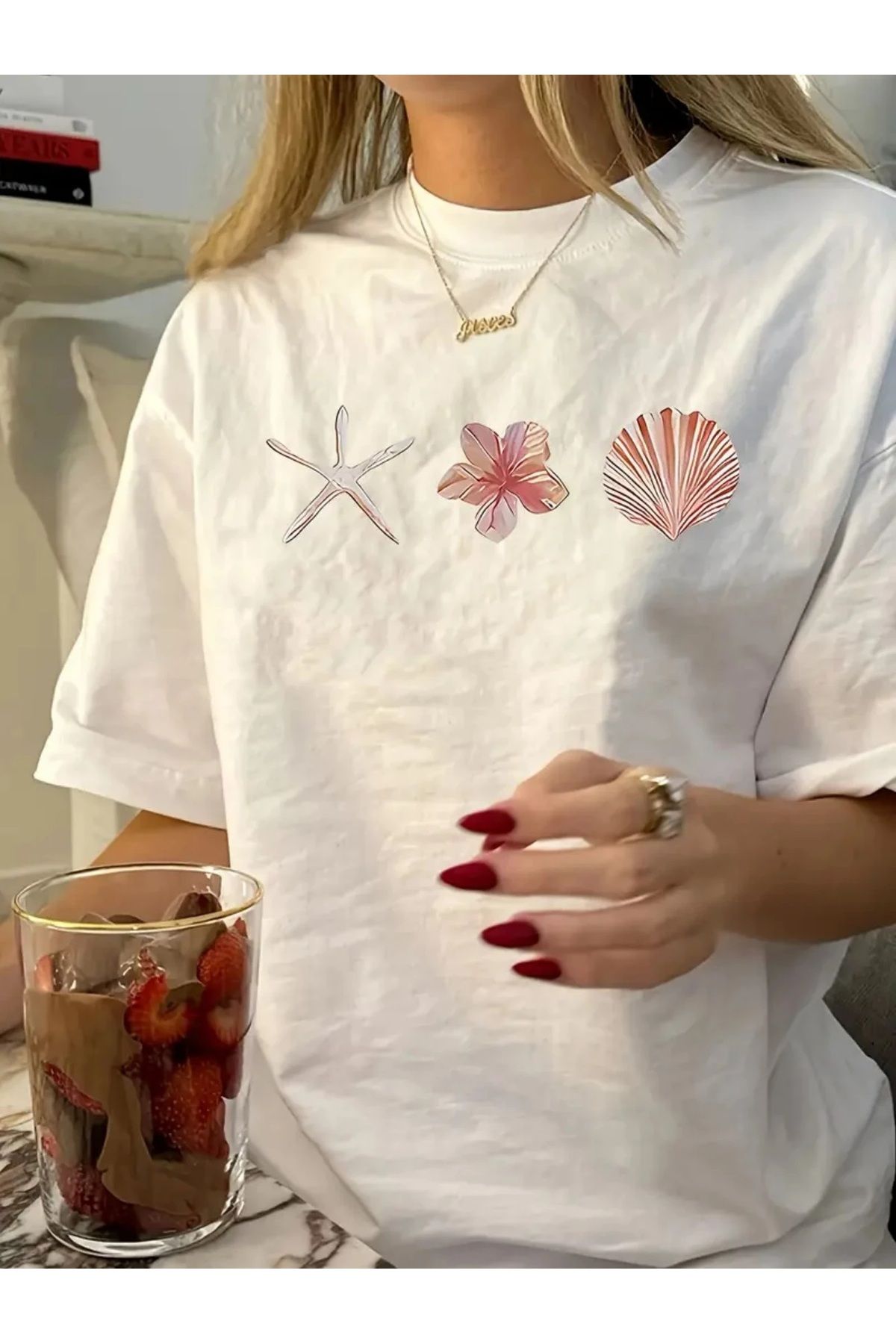 Ferhatlı Yazlık Kadın Deniz Baskılı Oversize Tişört