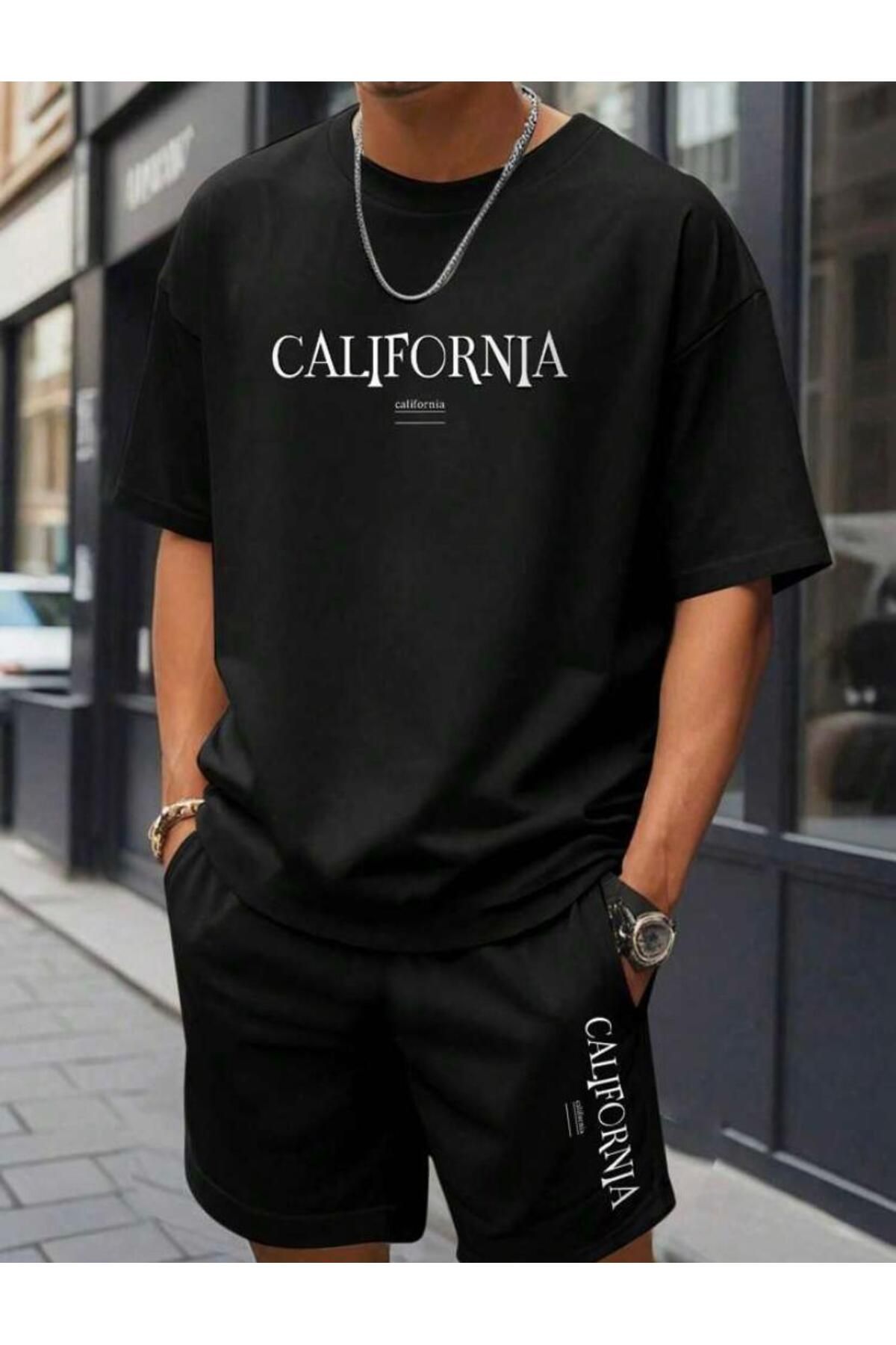 khufu Oversize Bisiklet Yaka Alt Üst T-shirt Şortlu California Baskılı ikili Takım