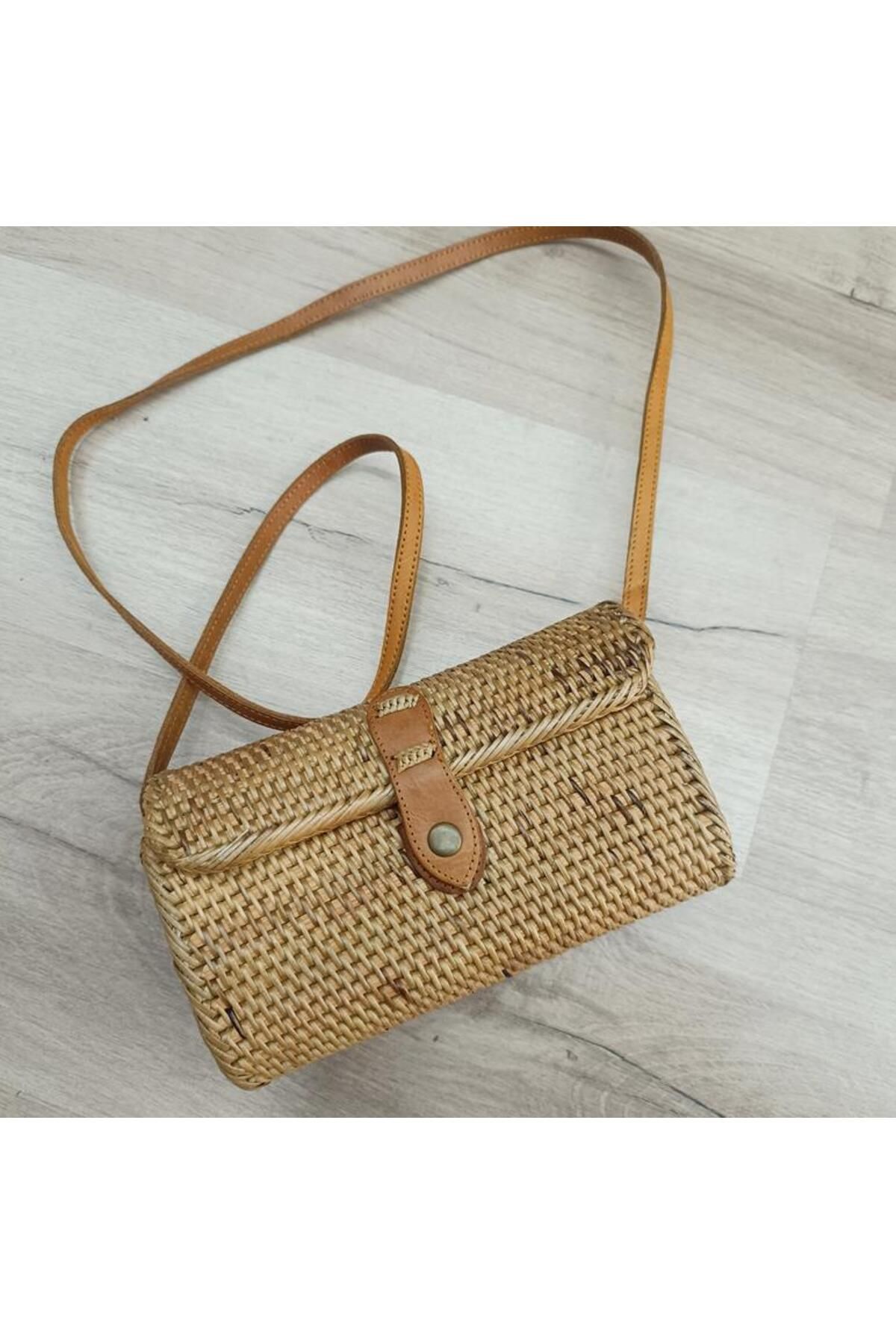Hd Marketim Çanta Bambu Rattan El Yapımı Deri Askı Kadın Hasır Omuz Çantası Kutu Model