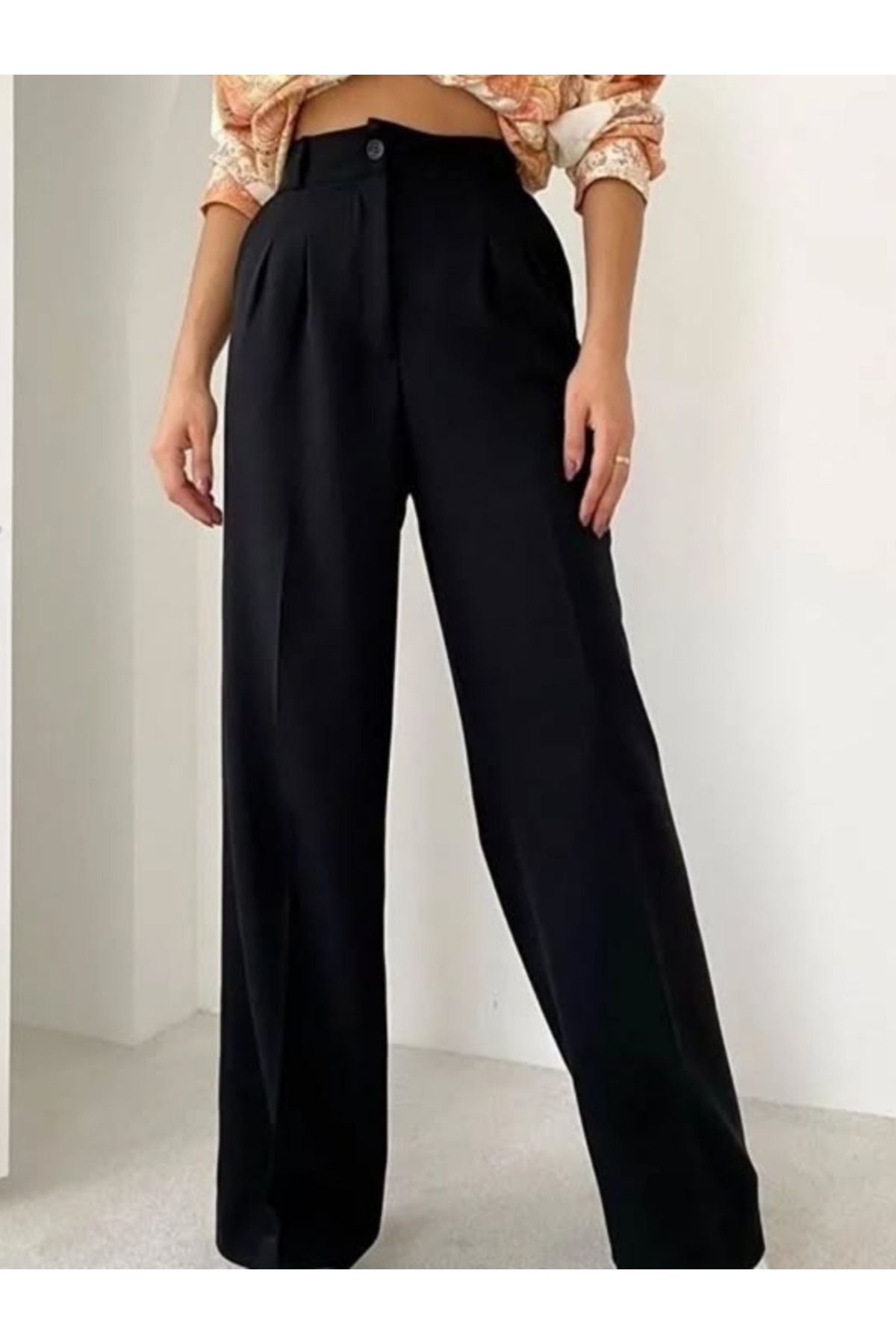 MODA Yüksek Bel Siyah Pileli Kadın Palazzo Pantolon Dökümlü Kumaş