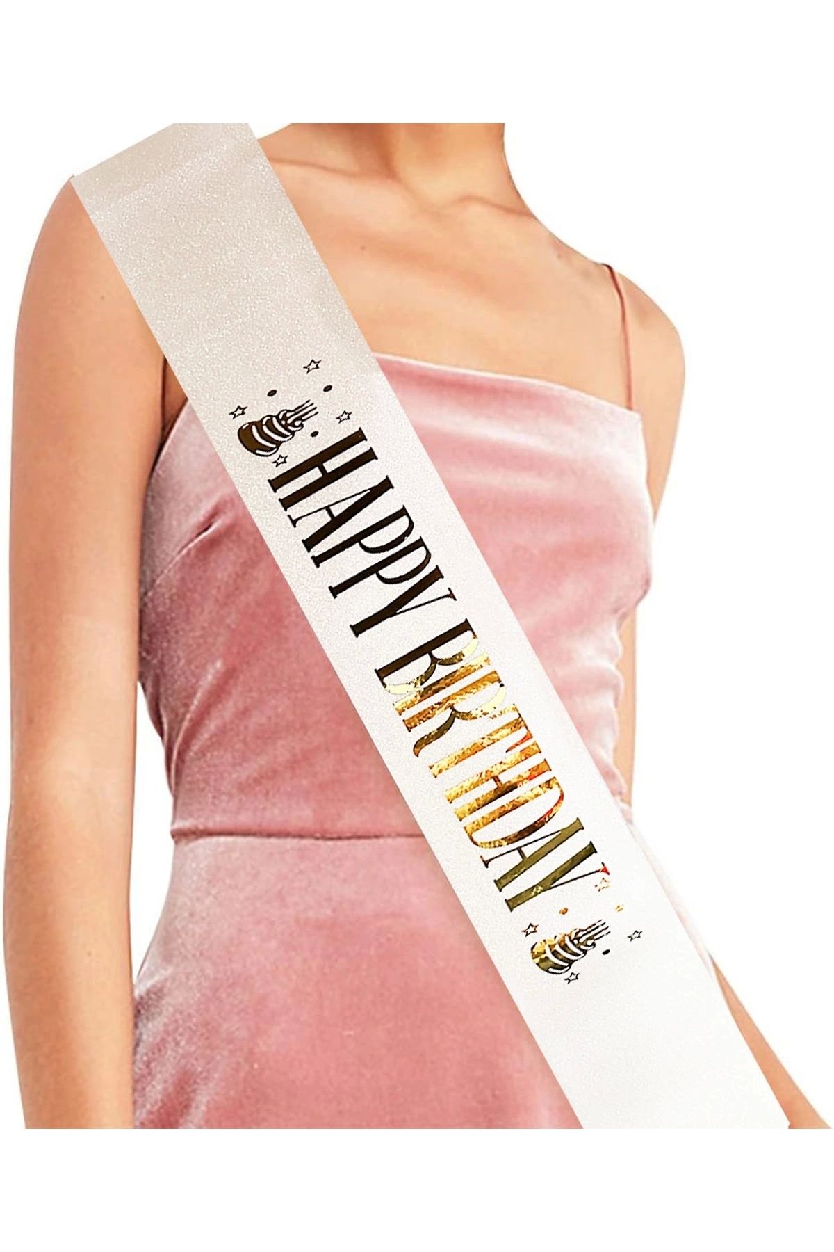 STOREMAX Beyaz Üzeri Altın Büyük Happy Birthday Yazılı Simli Işıltılı Kuşak Kemer 10 cm Genişlik (5047)