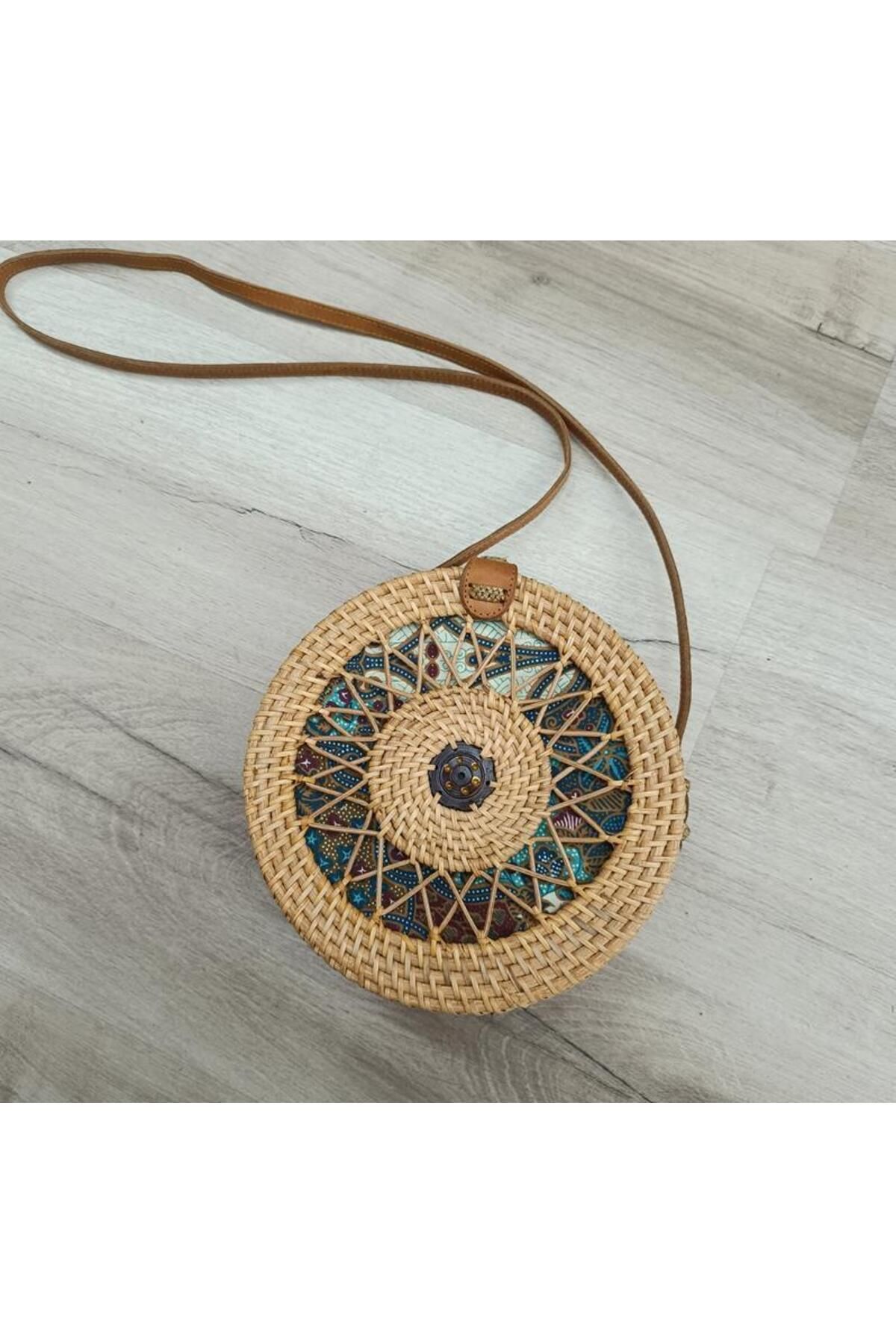 Hd Marketim Çanta Desenli Bambu Rattan El Yapımı Deri Askı Kadın Hasır Omuz Çantası