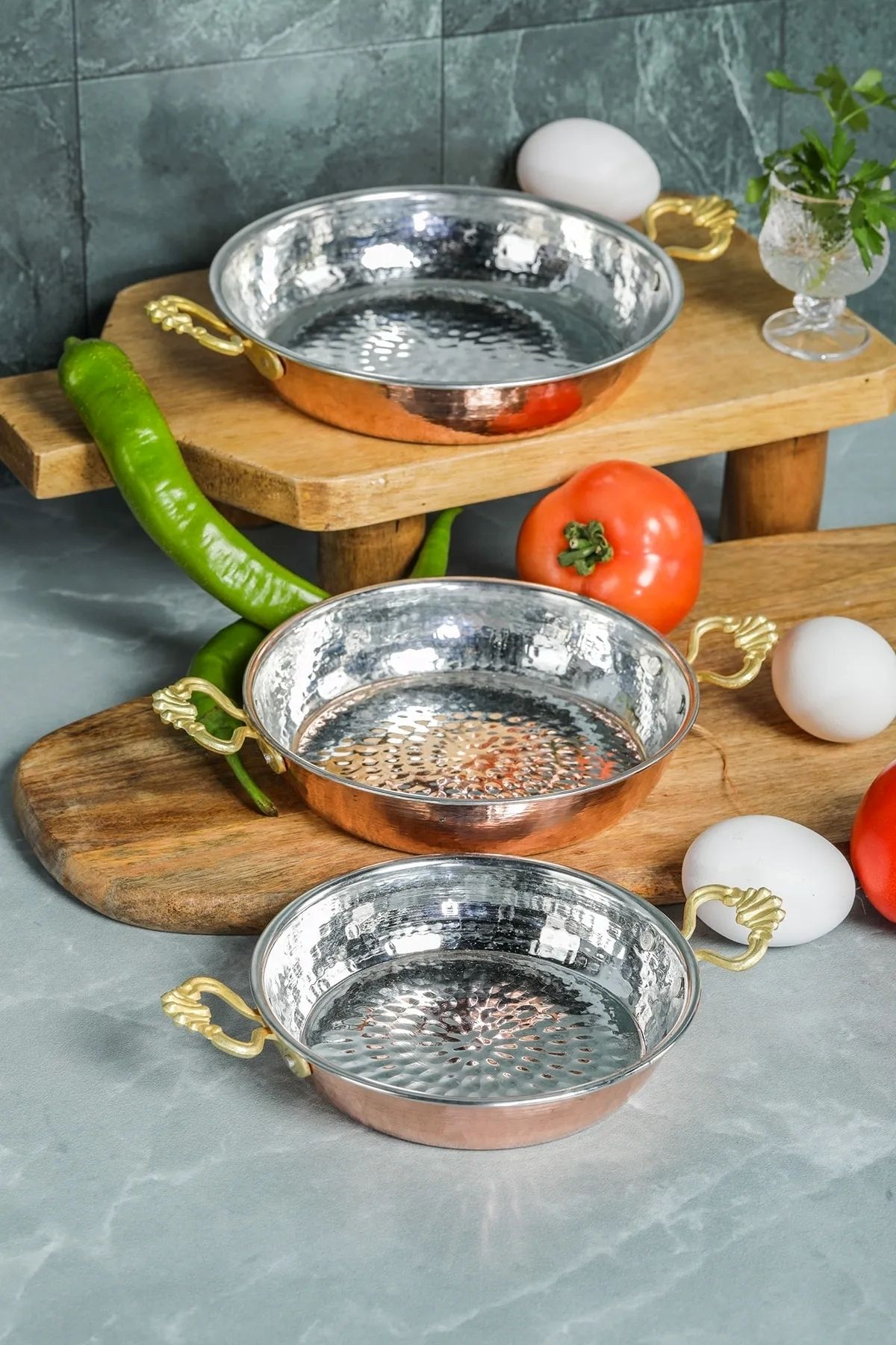 Parland El Yapımı Çekiç Dövme Bakır Omlet Ve Yumurta Sahanı 3 Lü Bakır Sahan