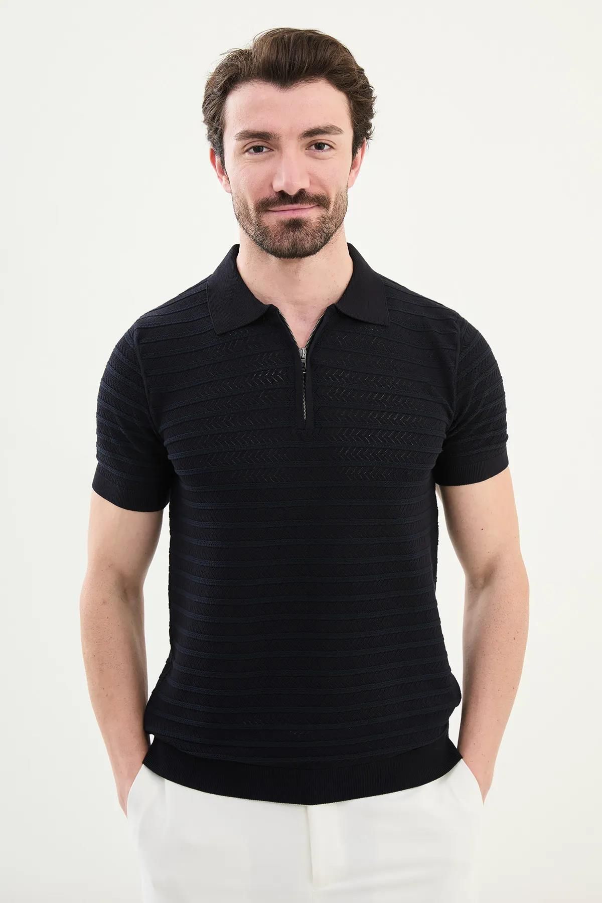 Mcr Desenli Slim Fit Fermuarlı Polo Yaka Erkek Triko T-shirt 11536