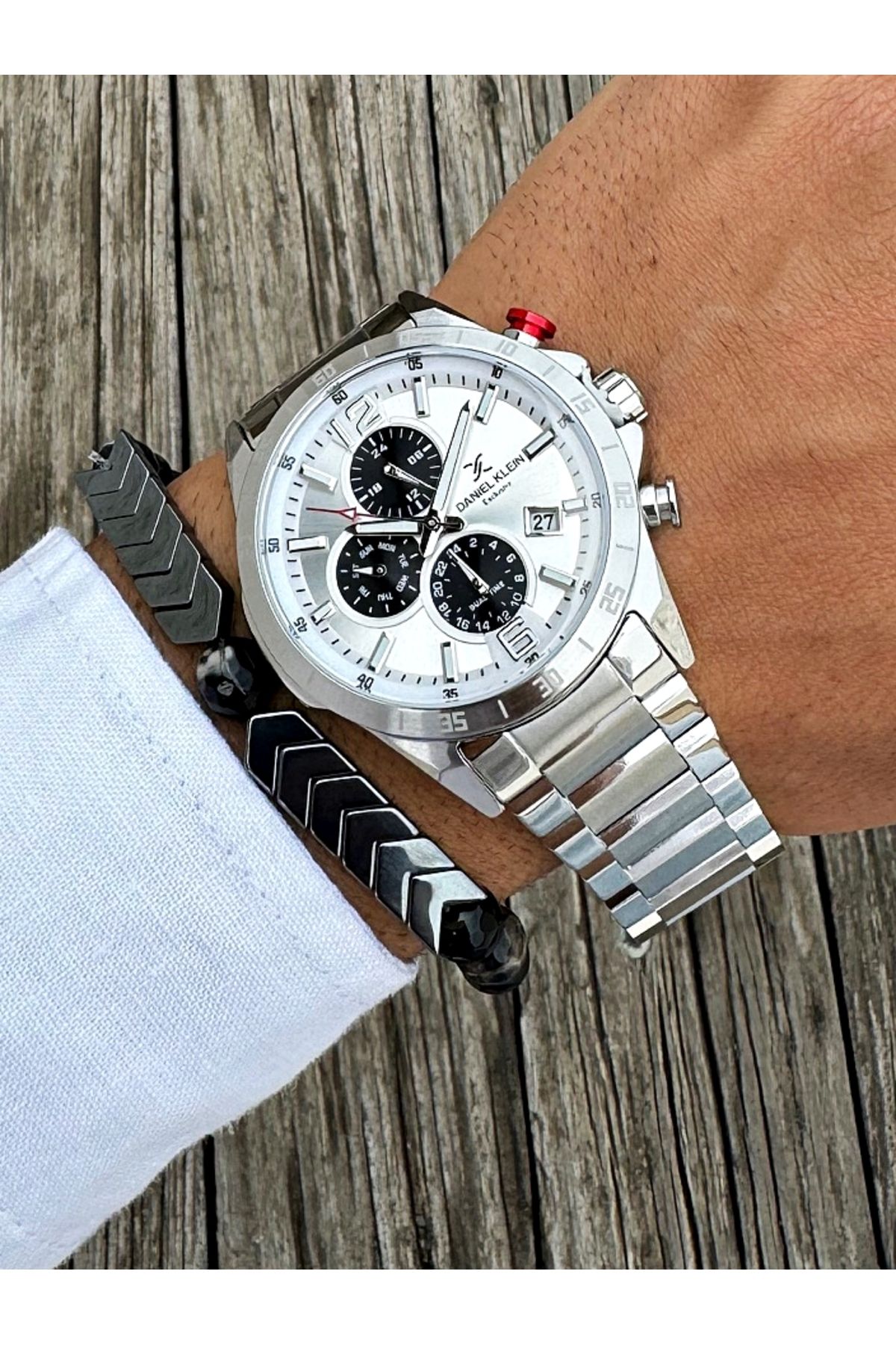 Daniel Klein Exclusıve Fonksiyonlu 2 Yıl Garantili Gümüş Renk Erkek Kol Saati Doğal Taş Bileklik Hediyeli Dkl30