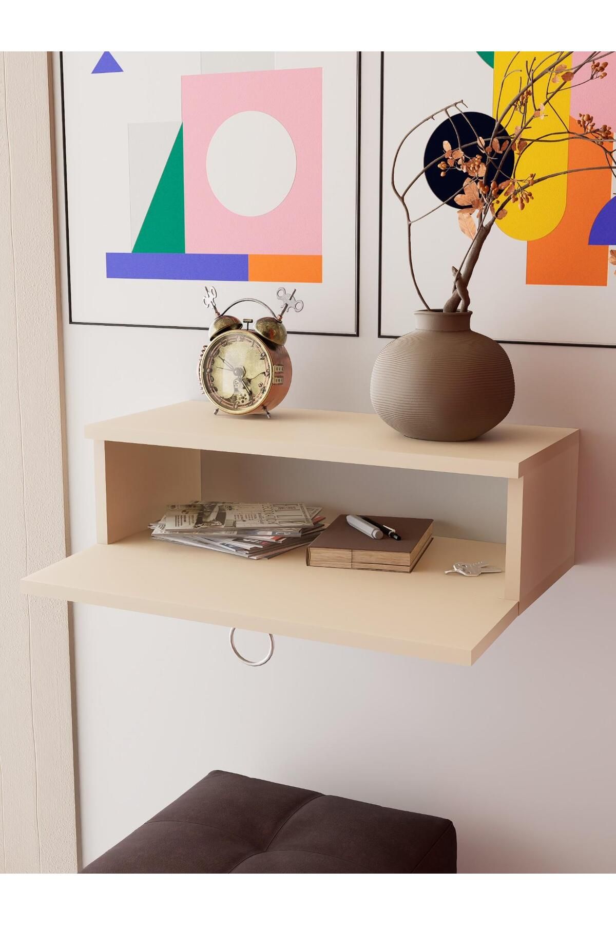 Detamob Vizon Rengi Duvara Monte Dresuar | Halka Kulplu Tek Kapaklı %100 Mdf Konsol (60CM) | Şık, Modern Raf