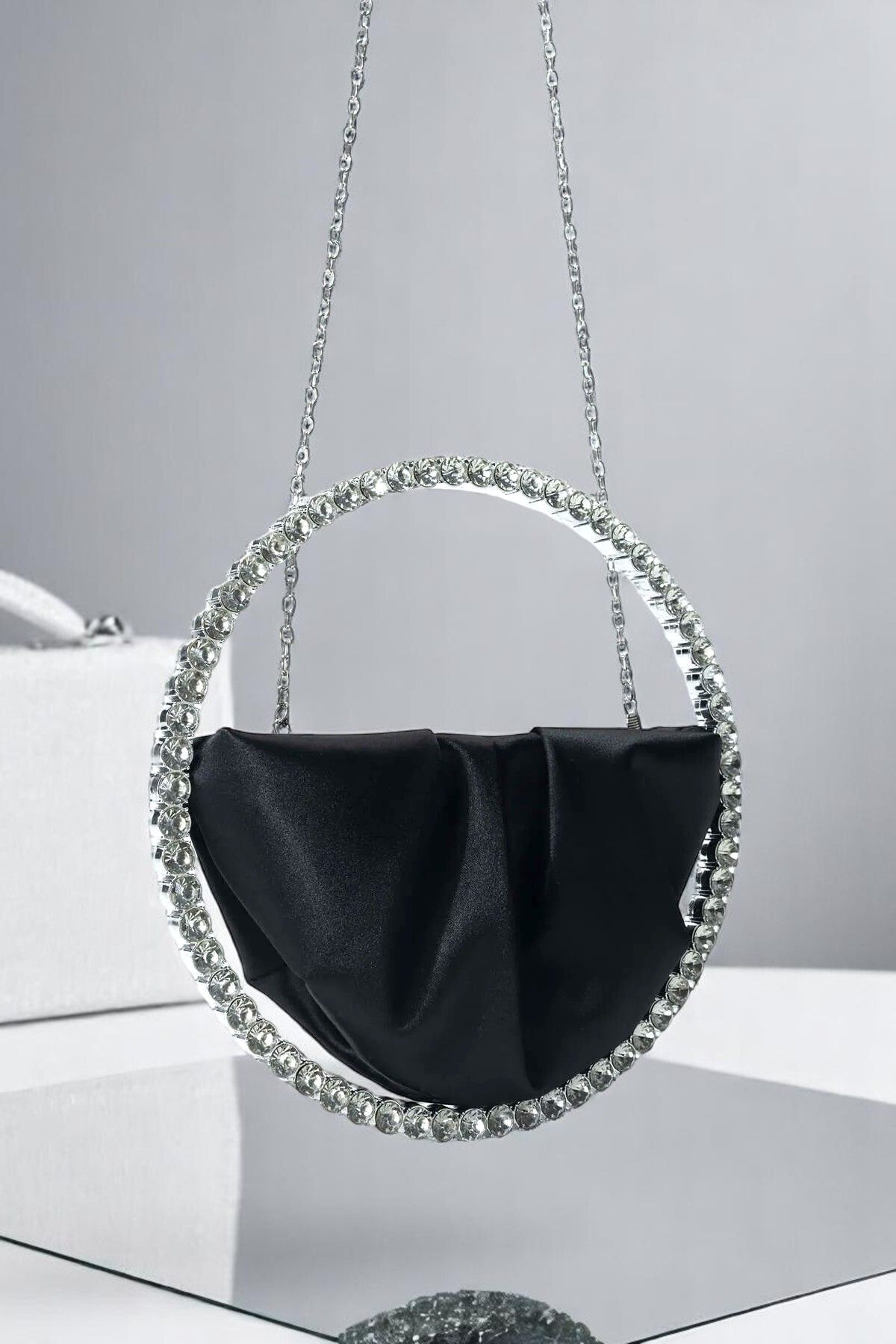 HFKY Kadın Kristal Taşlı Saten Abiye Çanta. Siyah Clutch Abiye Çanta. Crystal Stone Handbags.