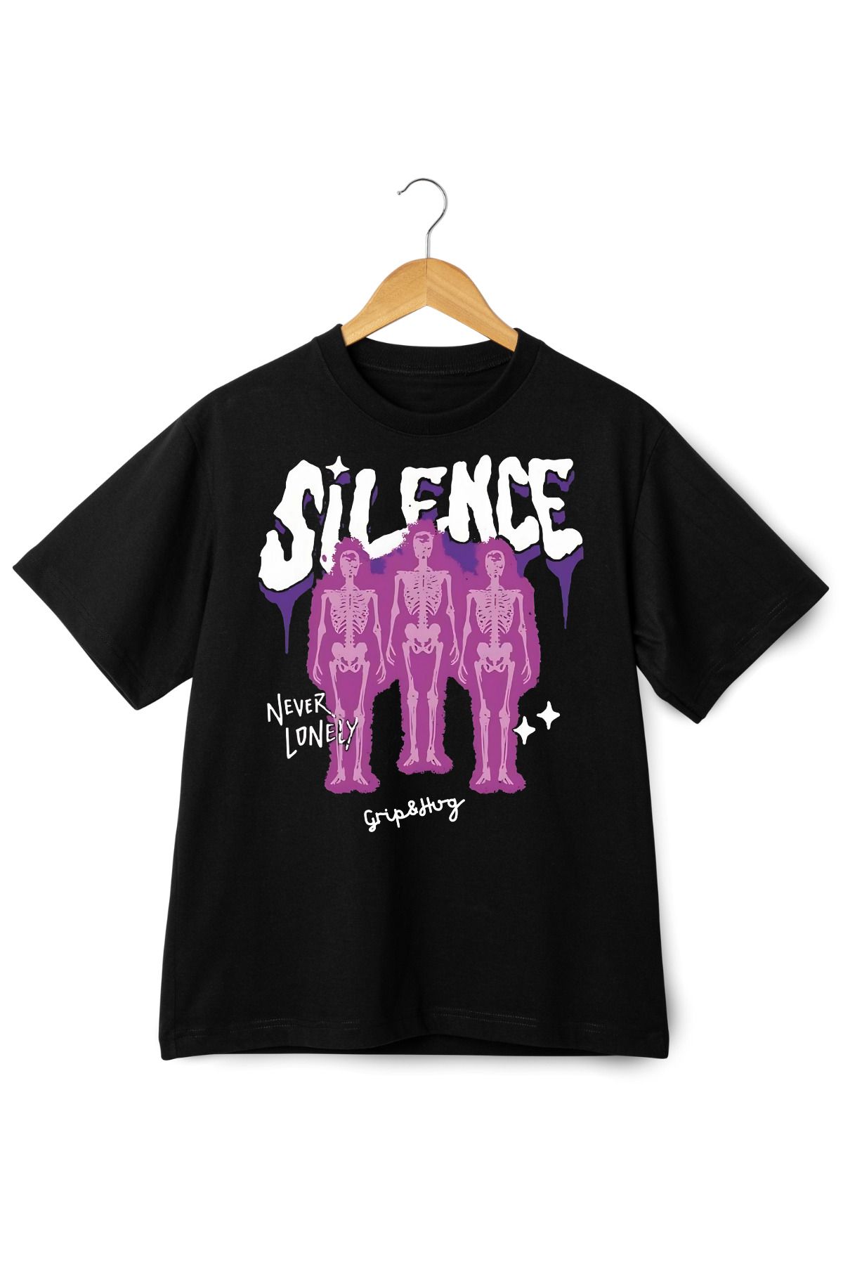 Grip Hug Vintage Baskılı Oversize Premium Kalite Siyah Tshirt
