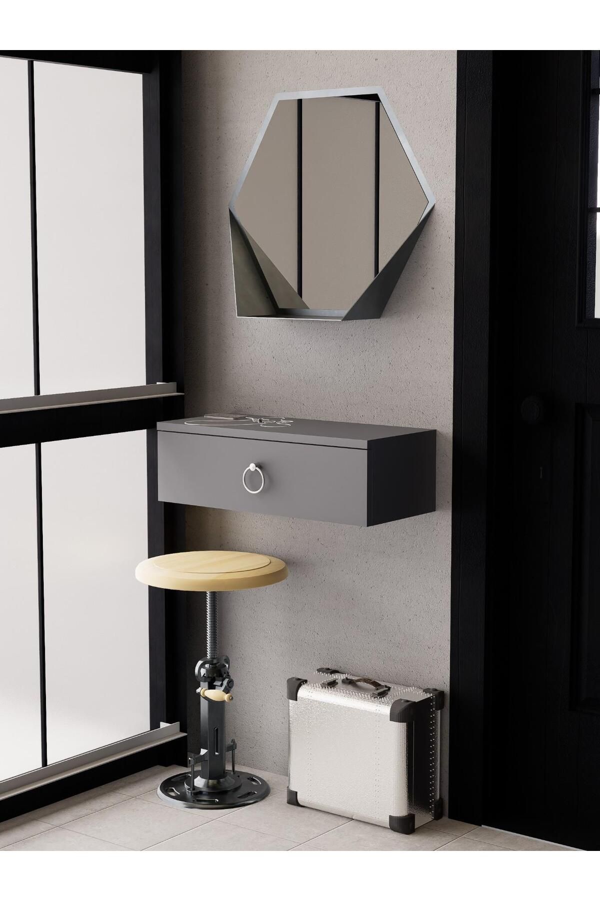 Detamob Gri Duvara Monte Dresuar | Halka Kulplu Tek Kapaklı %100 MDF Konsol (60cm) | Şık ve Modern Dekoratif