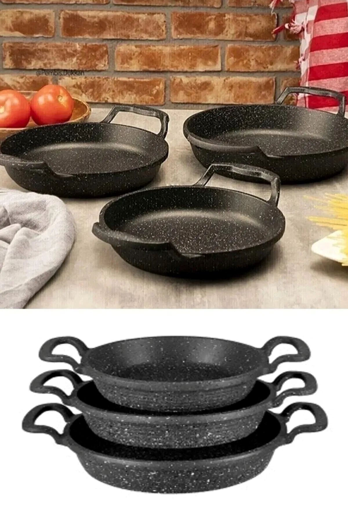 Parland Siyah 3'lü Lüx Granit Döküm Sahan Seti Paslanmaz Çelik Sahan Tava Seti Yumurta Tavası (22-20-18cm)