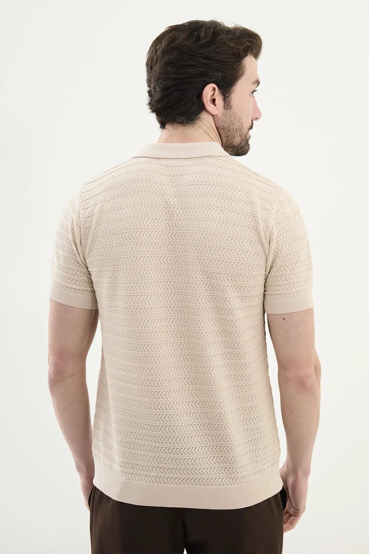 Mcr Desenli Slim Fit Fermuarlı Polo Yaka Erkek Triko T-shirt 11536