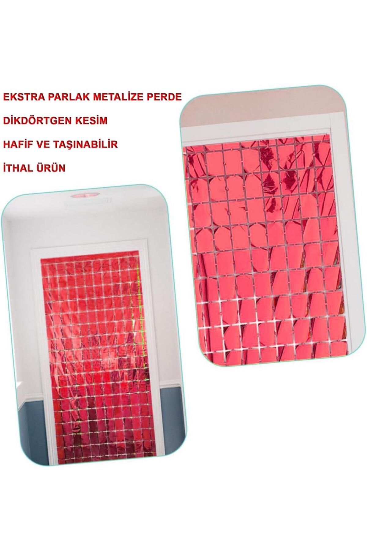 ÖYKÜ VE YİĞİT Ekstra Metalize Kırmızı Renk Disko Dikdörtgen Kesim Kapı Perdesi Dekorasyon 1x2 Metre