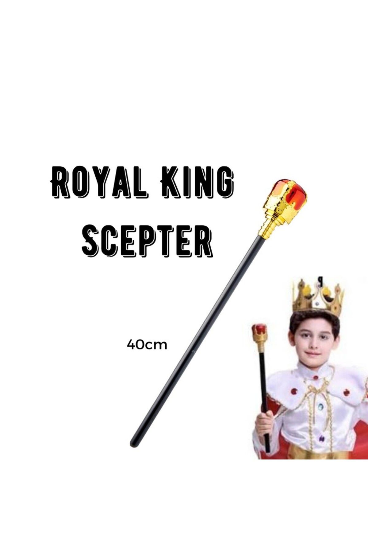 ÖYKÜ VE YİĞİT Çocuk Boy Altın Renk Kral Tacı ve Kırmızı Topuzlu Kral Asası