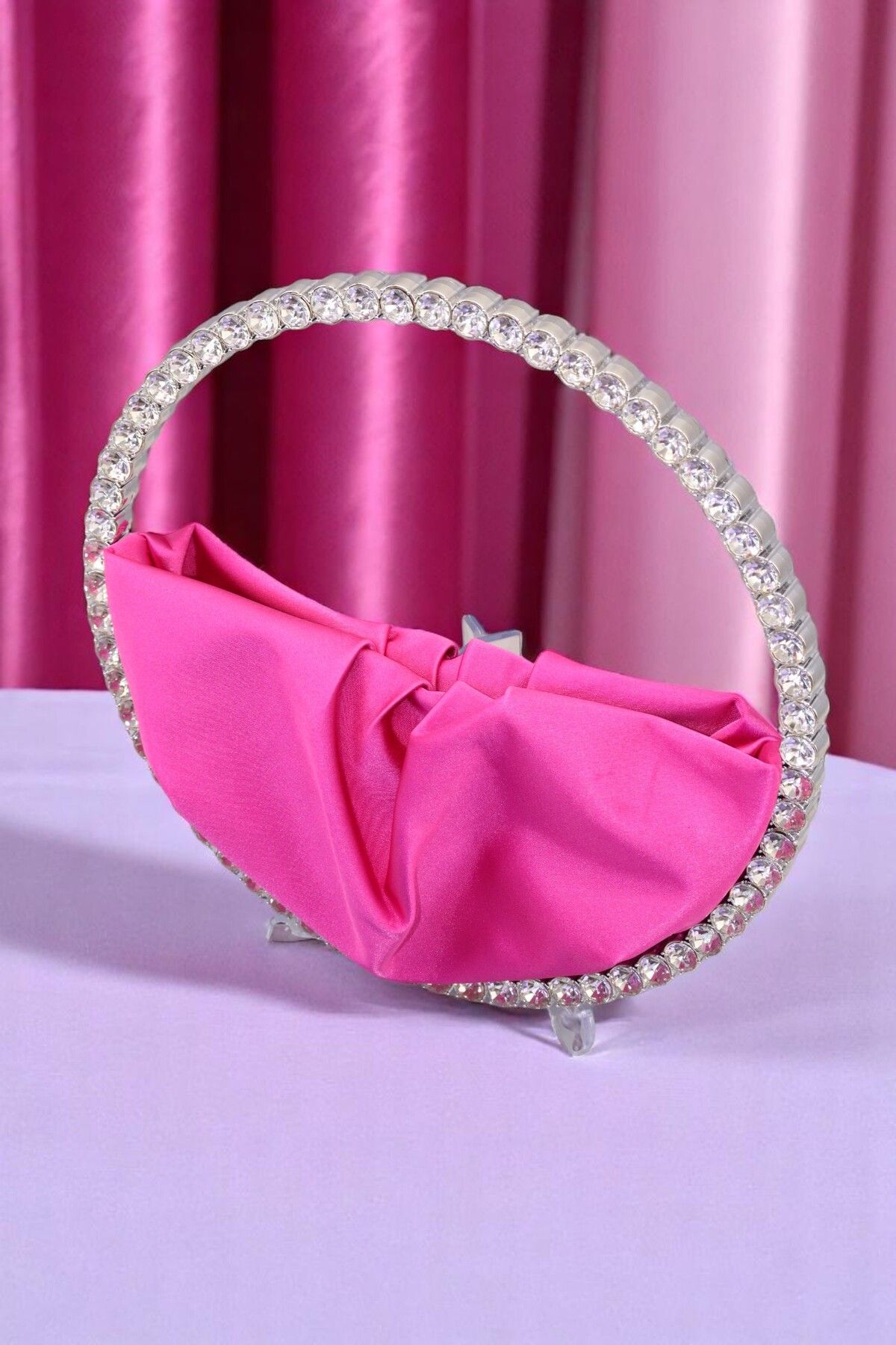 HFKY Kadın Kristal Taşlı Saten Abiye Çanta. Fuşya Clutch Abiye Çanta.crystal Stone Handbags.