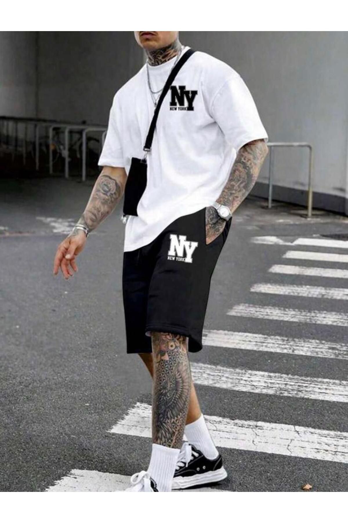 khufu Oversize Bisiklet Yaka Alt Üst T-shirt Şortlu NY Newyork Baskılı ikili Takım