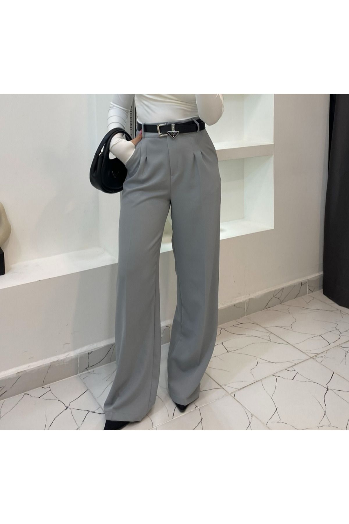 MODA Yüksek Bel Pileli Gri Palazzo Kadı Pantalon Dökümlü Kumaş