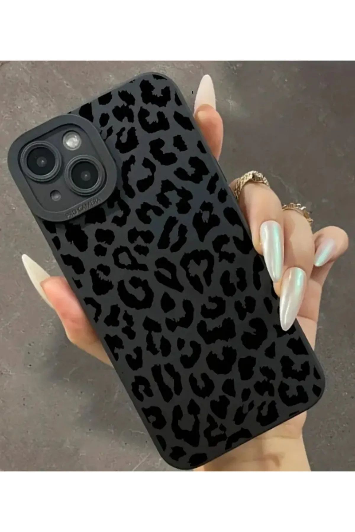 HZR İphone 13-14 Uyumlu Kılıf Mat Siyah Leopar Desenli