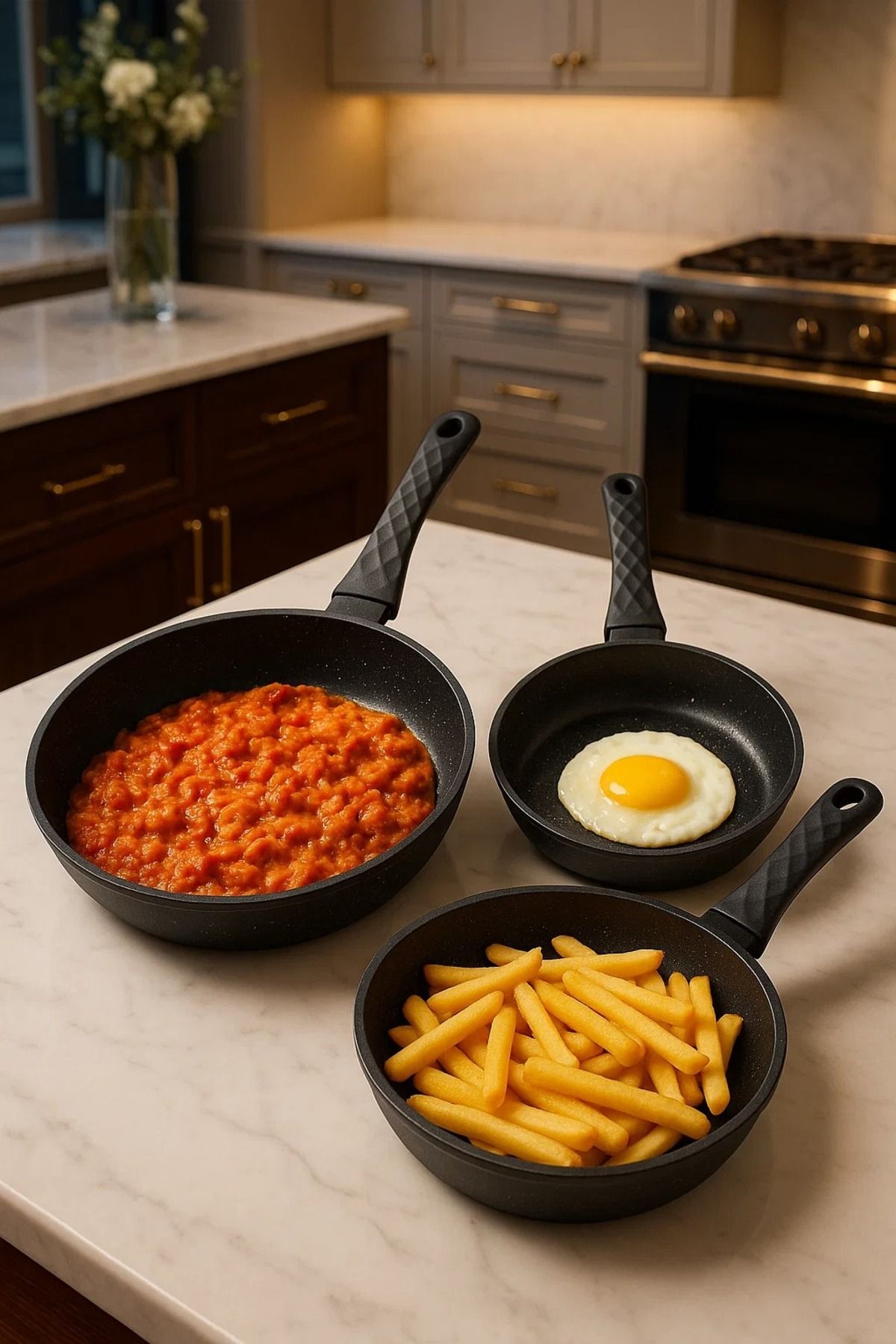 qussine Tava Seti 3 lü Alüminyum Döküm Granit Kaplama 18 cm 20 cm 22 cm Omlet Kızartma Yemek Tavası