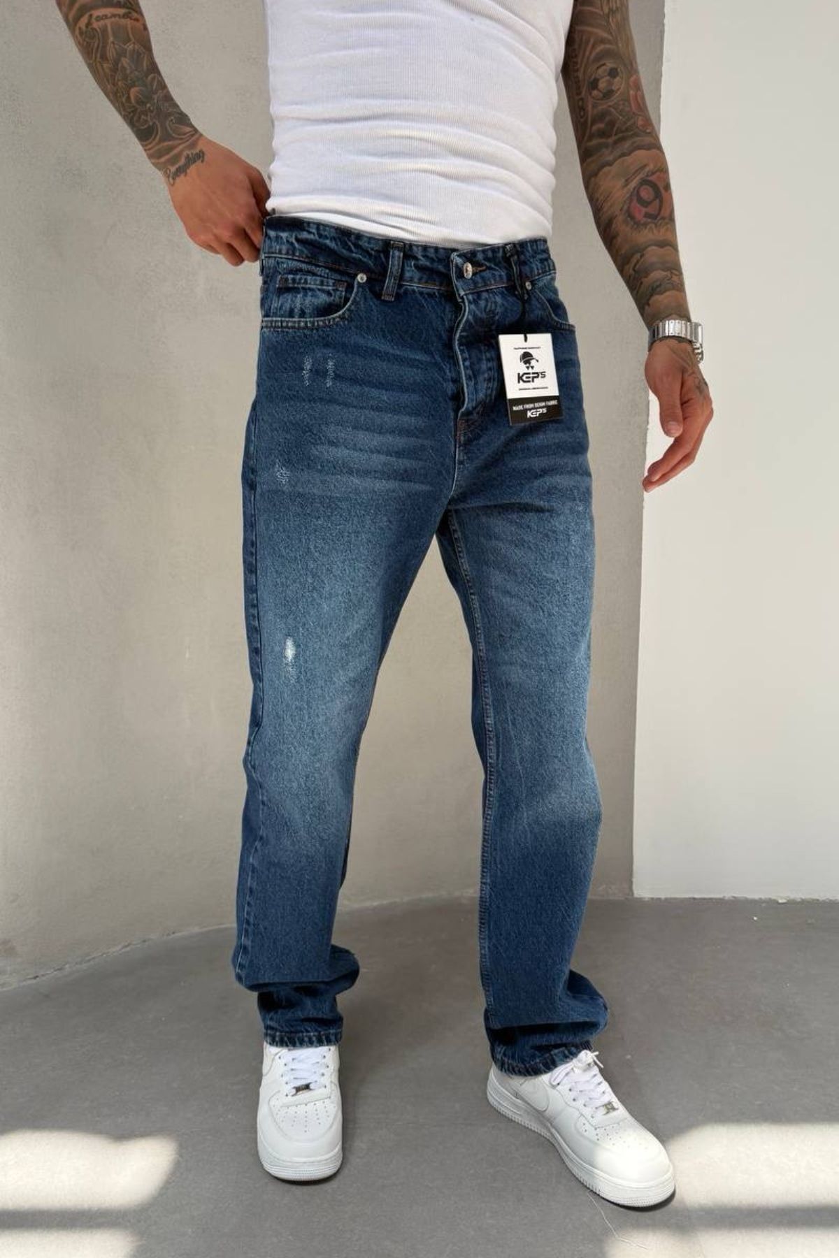 MADZEYMODA Mavi Baggy Kalıp Denim Kumaş Yırtık Detaylı Erkek Jean Kot Pantolon KE-792