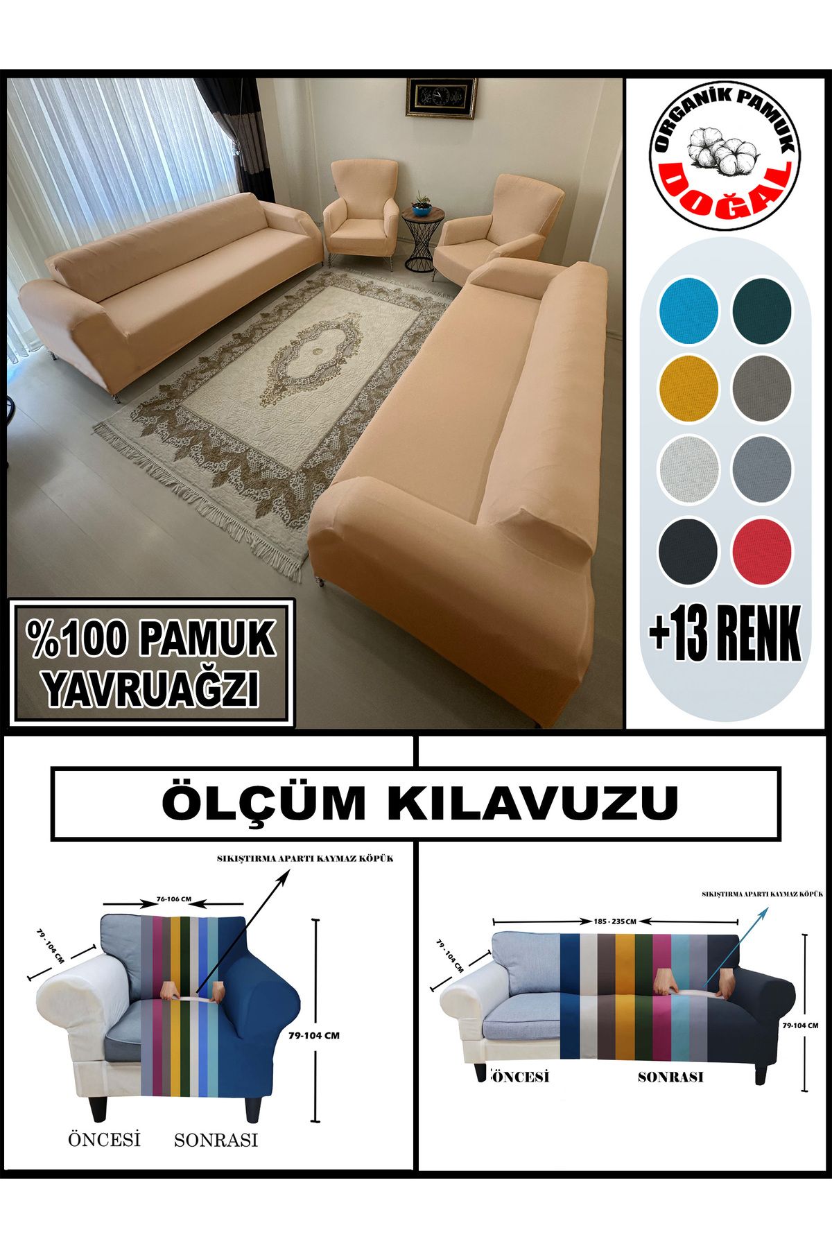 Home Pamuklu Fransız Kumaş 2 Adet Üçlü Çekyat-2 Adet Tekli Koltuk Kılıfı Seti,