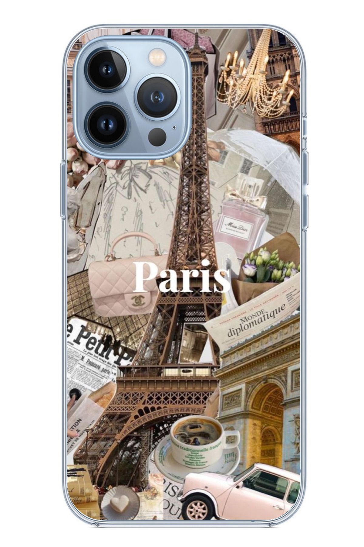 TechTree iPhone 13 PRO MAX Uyumlu Paris Kolaj Şeffaf Silikon Kılıf