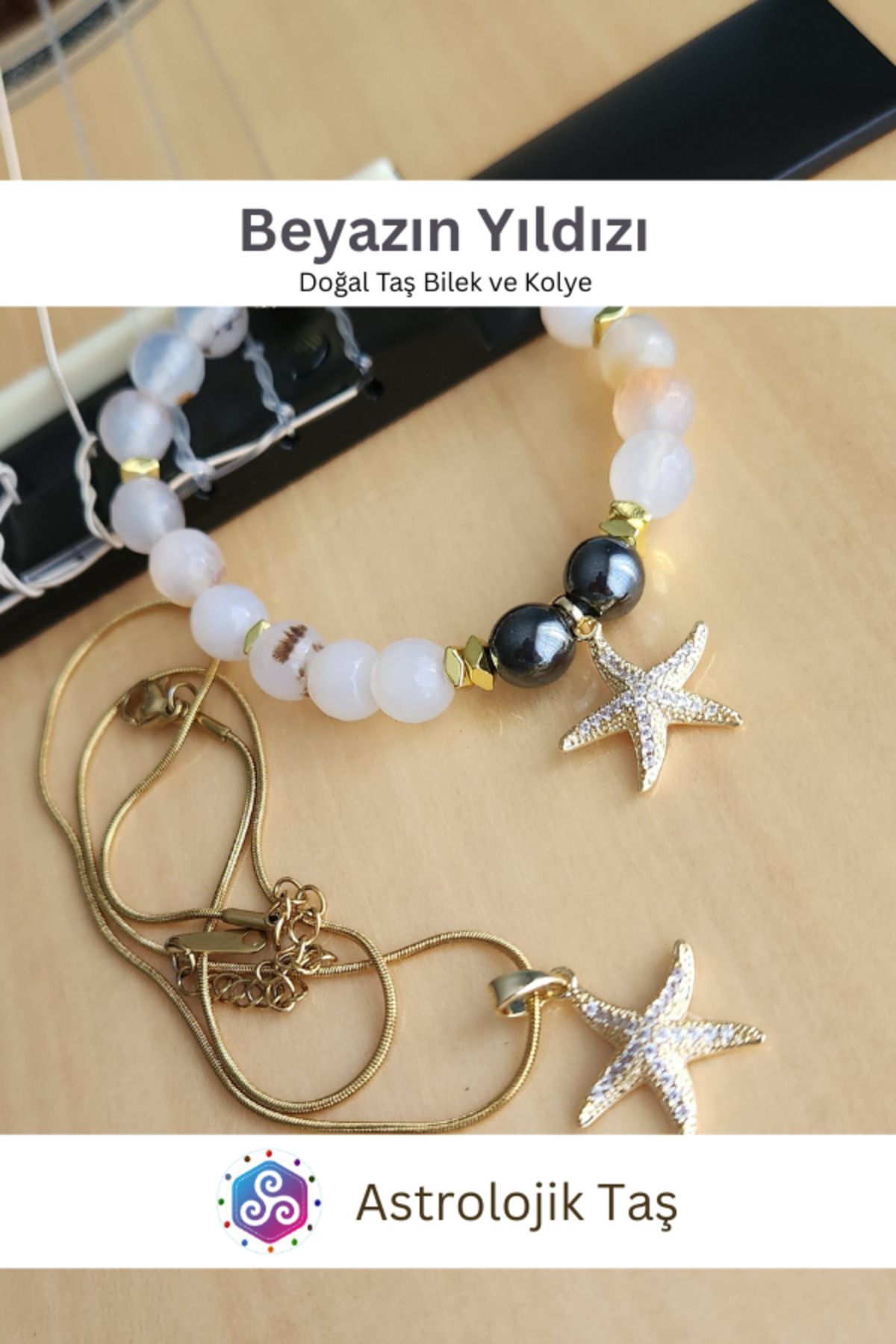 Astrolojik Doğal Taş Beyazın Yıldızı Doğal Taş Bileklik ve Charm Kolye Takım - Beyaz Akik