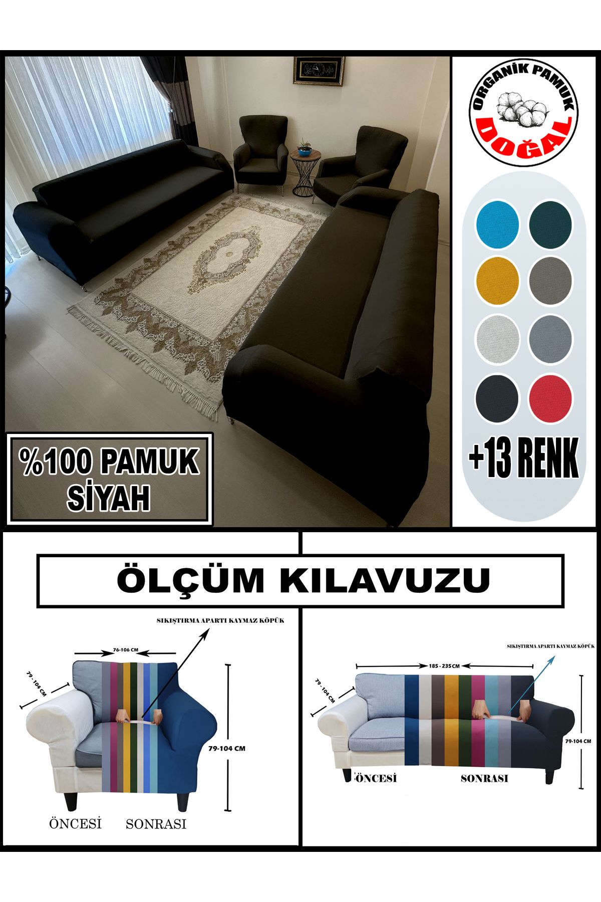 Home Pamuklu Fransız Kumaş 2 Adet Üçlü Çekyat-2 Adet Tekli Koltuk Kılıfı Seti,