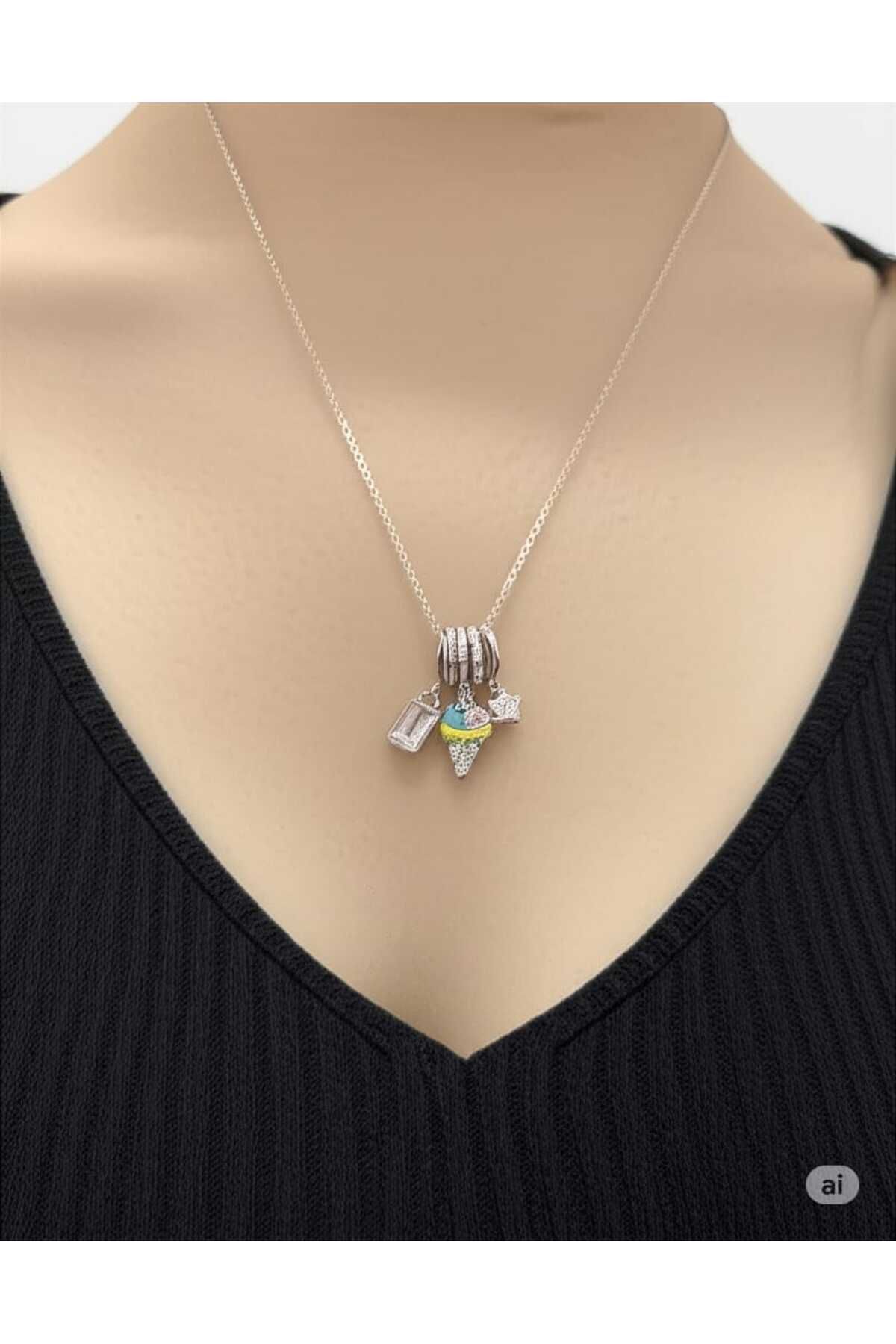 magische Gümüş ıce cream model charm renkli kolye