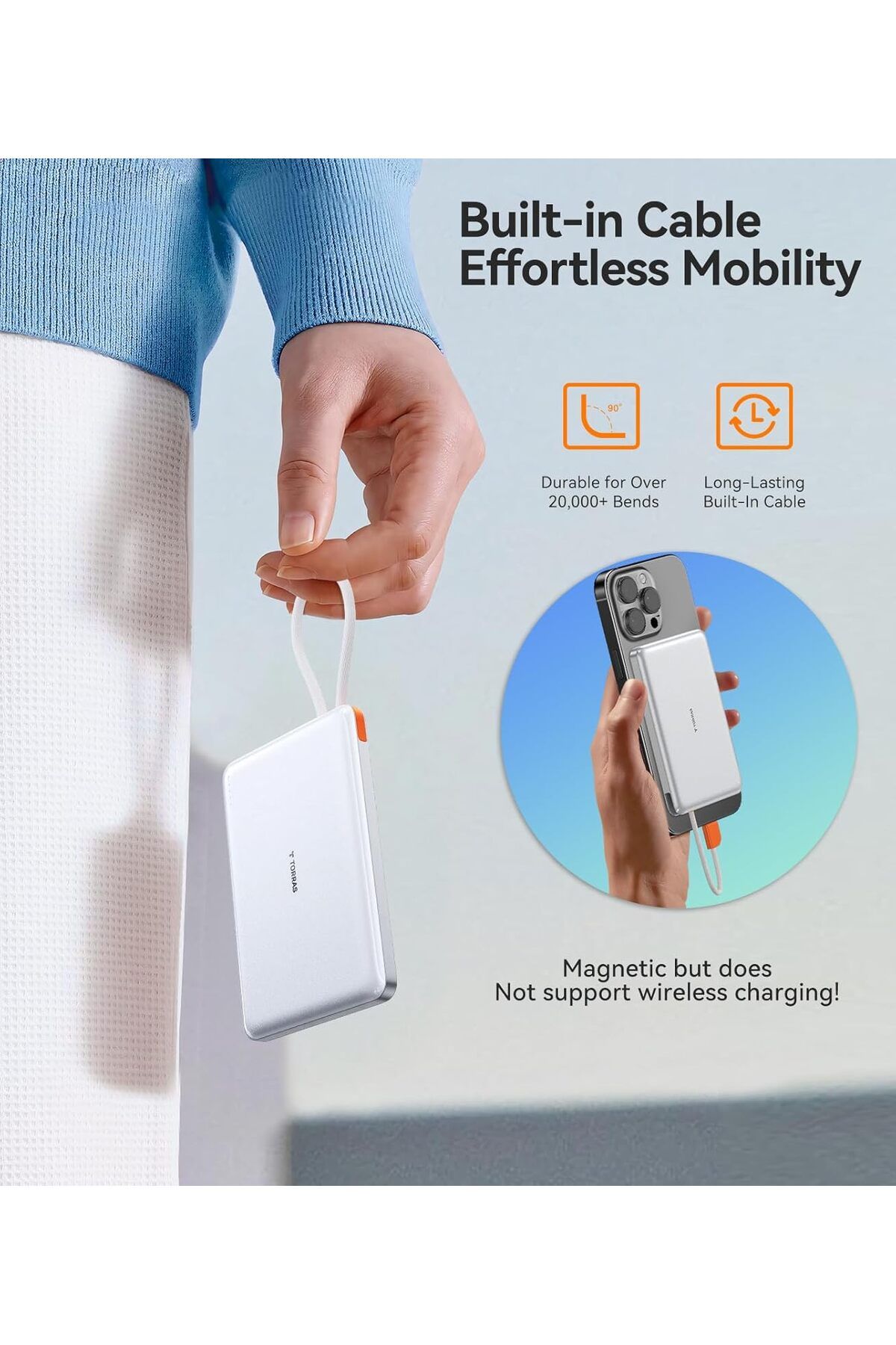 TORRAS-PebbleLink Power Bank With Built-in USB-C Cable,10,000mAh, 22.5W iPhone,Android, White (No-Wireless) 4
