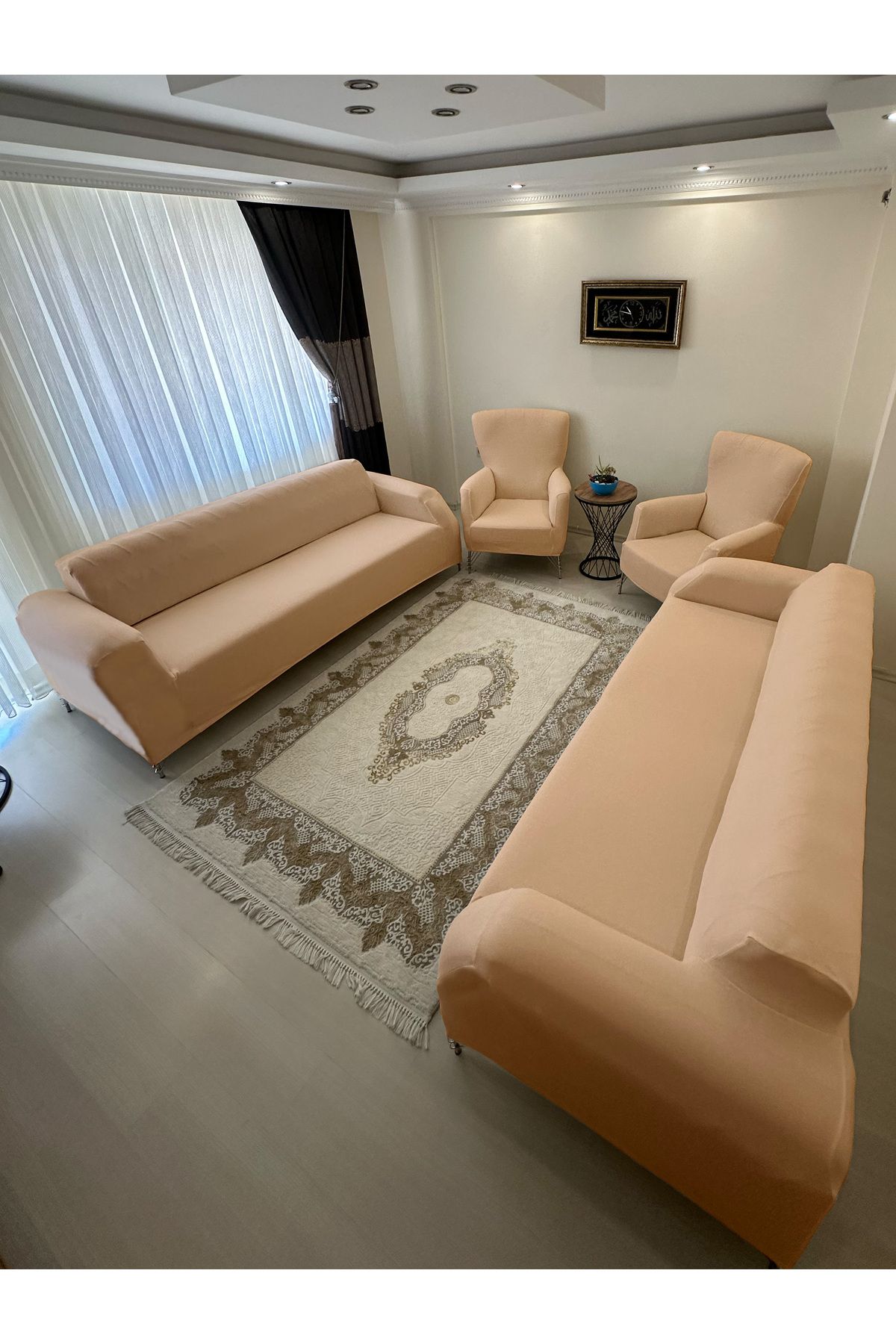 Home Pamuklu Fransız Kumaş 2 Adet Üçlü Çekyat-2 Adet Tekli Koltuk Kılıfı Seti