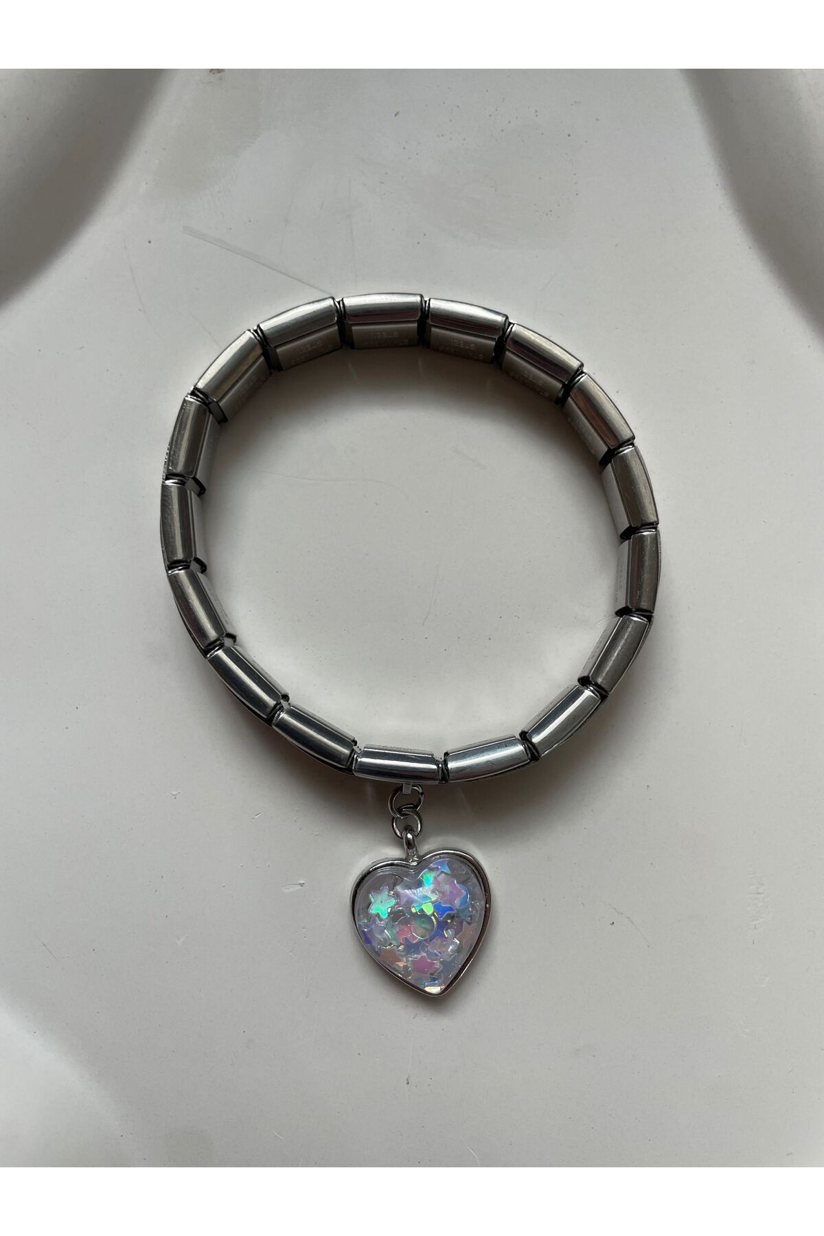 HKN AVM ACCESSORİES Çelik Italyan Charm Bileklik Kalpli Gümüş Ayarlanabilir Italyan Charm Çelik Bileklik