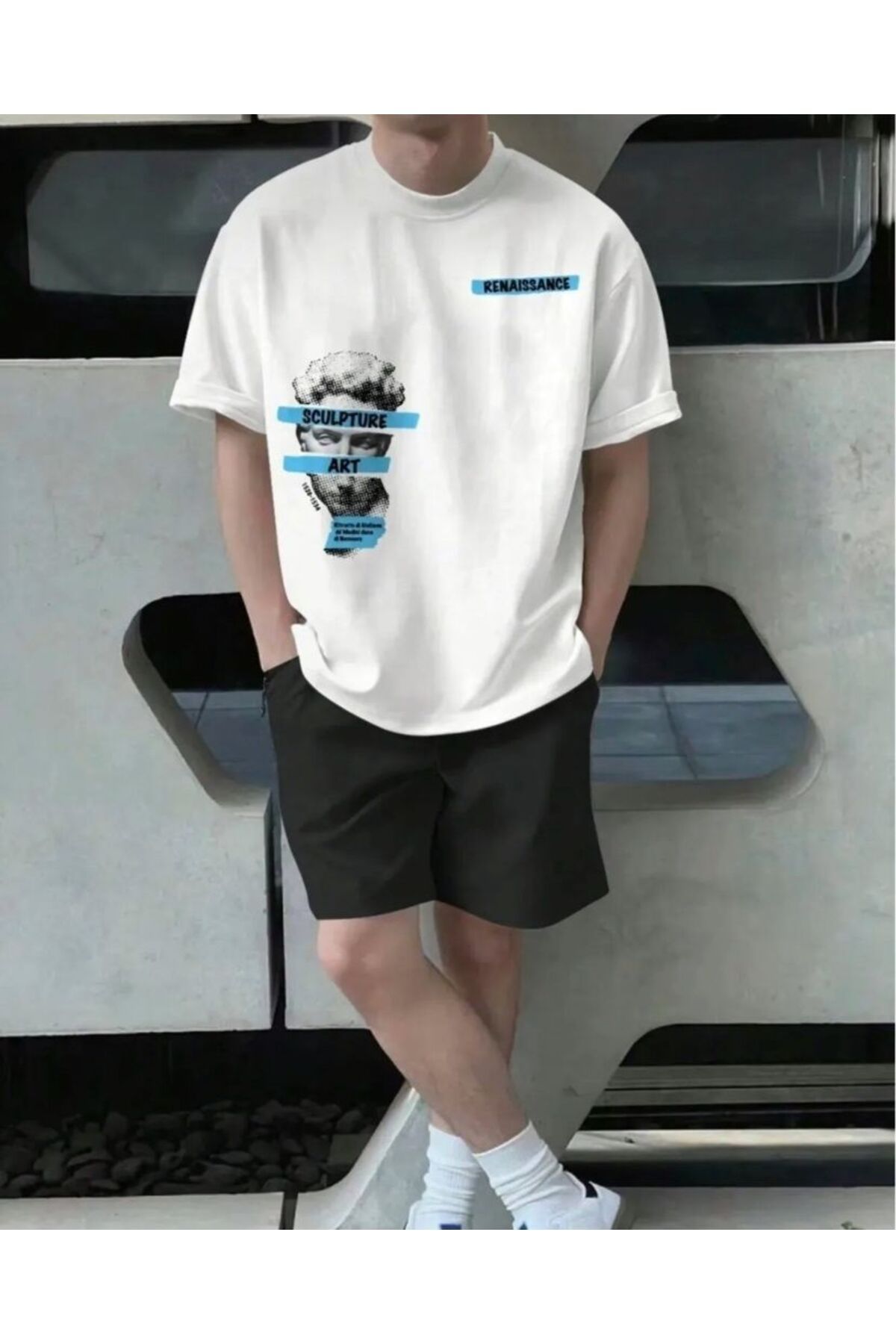 khufu Oversize Bisiklet Yaka Alt Üst T-shirt Şortlu ART Baskılı ikili Takım Unisex