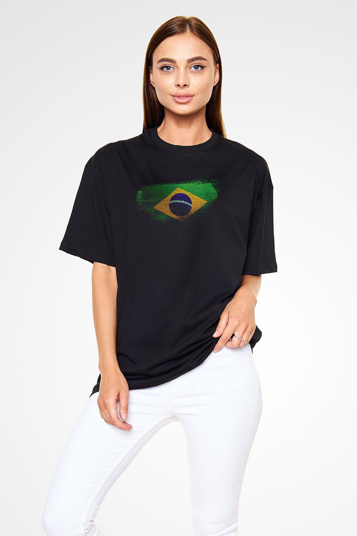 AliceQueen Brazil Baskılı Unisex Siyah T-shirt